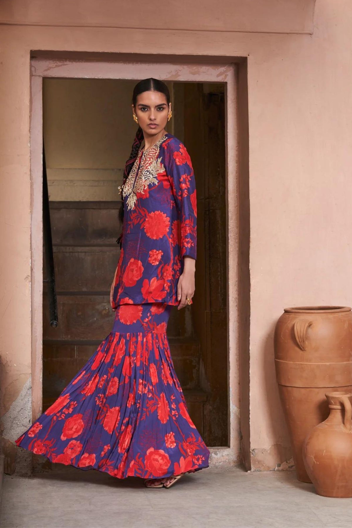 Red &amp; Blue Moroccan Yoke Zardozi Sharara Set
