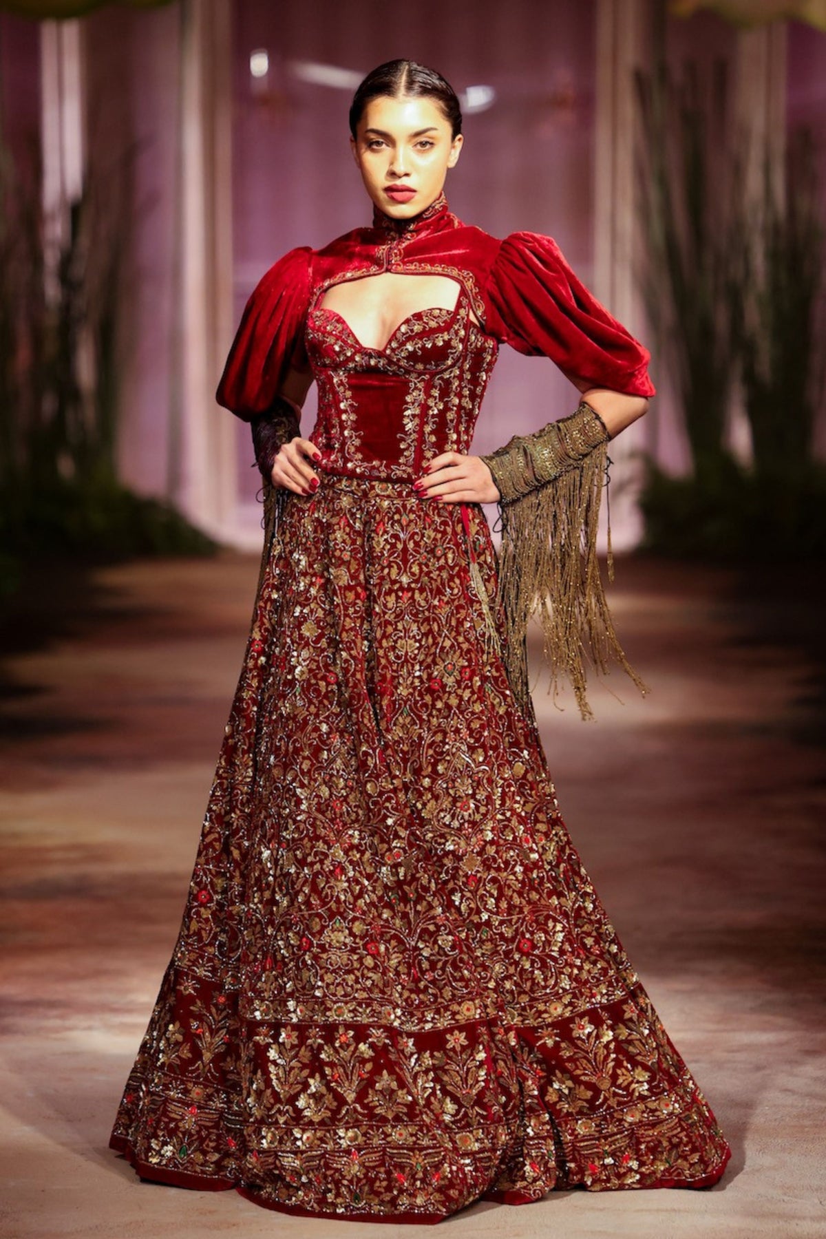 Wine Embroidered Lehenga Set