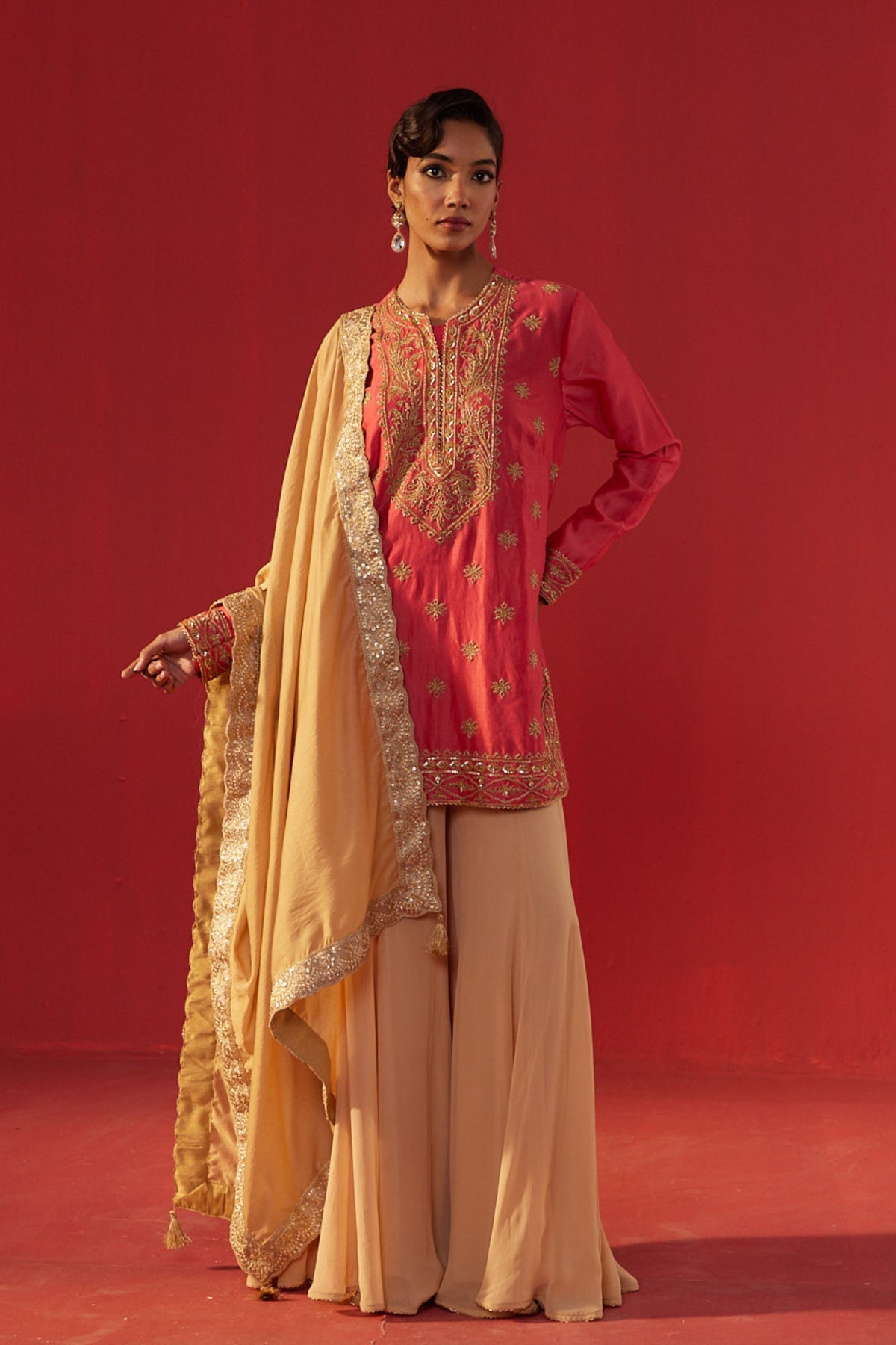Peach Short Kurta Sharara Set