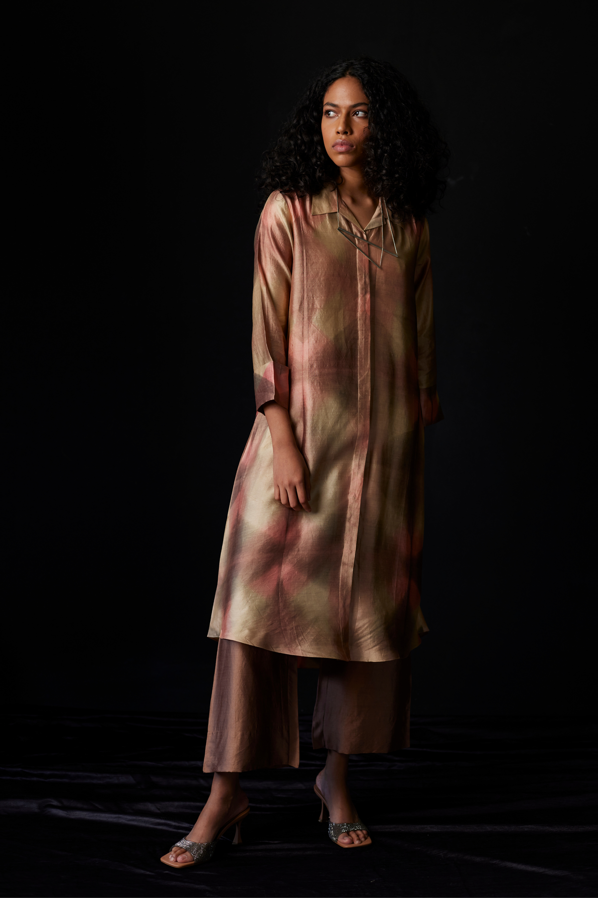 Brown Tie-Dye Silk Shirt Set