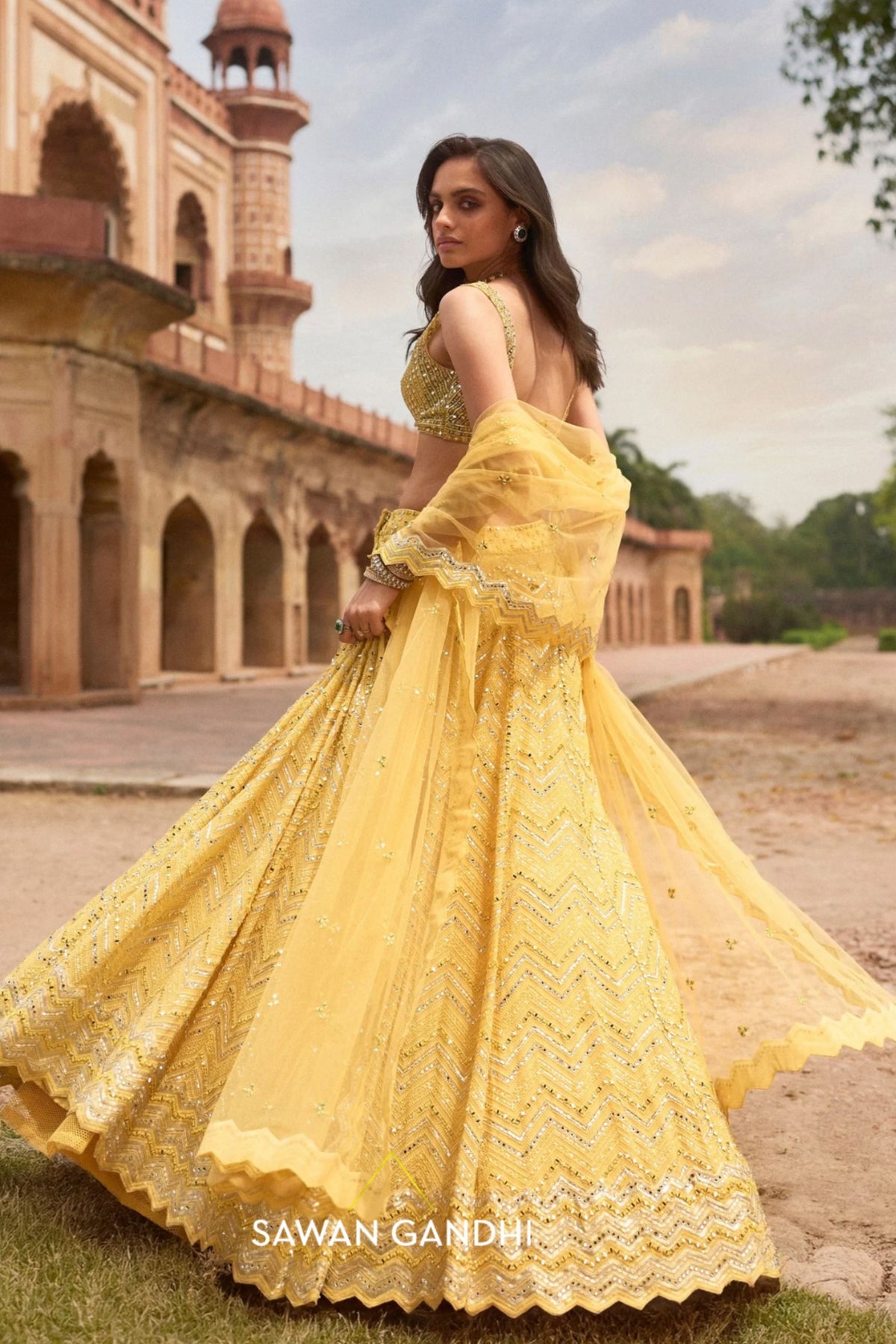 Yellow Chevron Lehenga Set