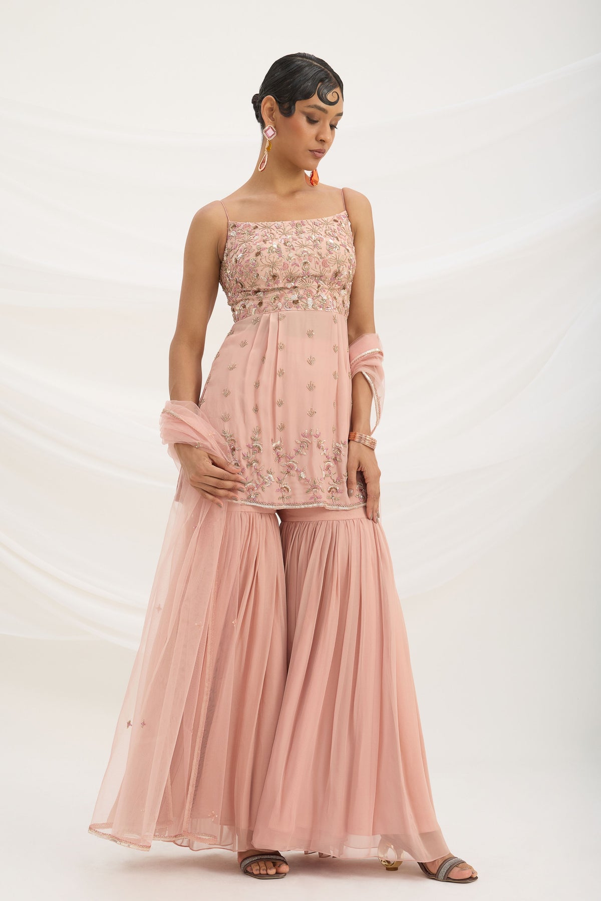 Peach Pink Embroiered Sharara Set
