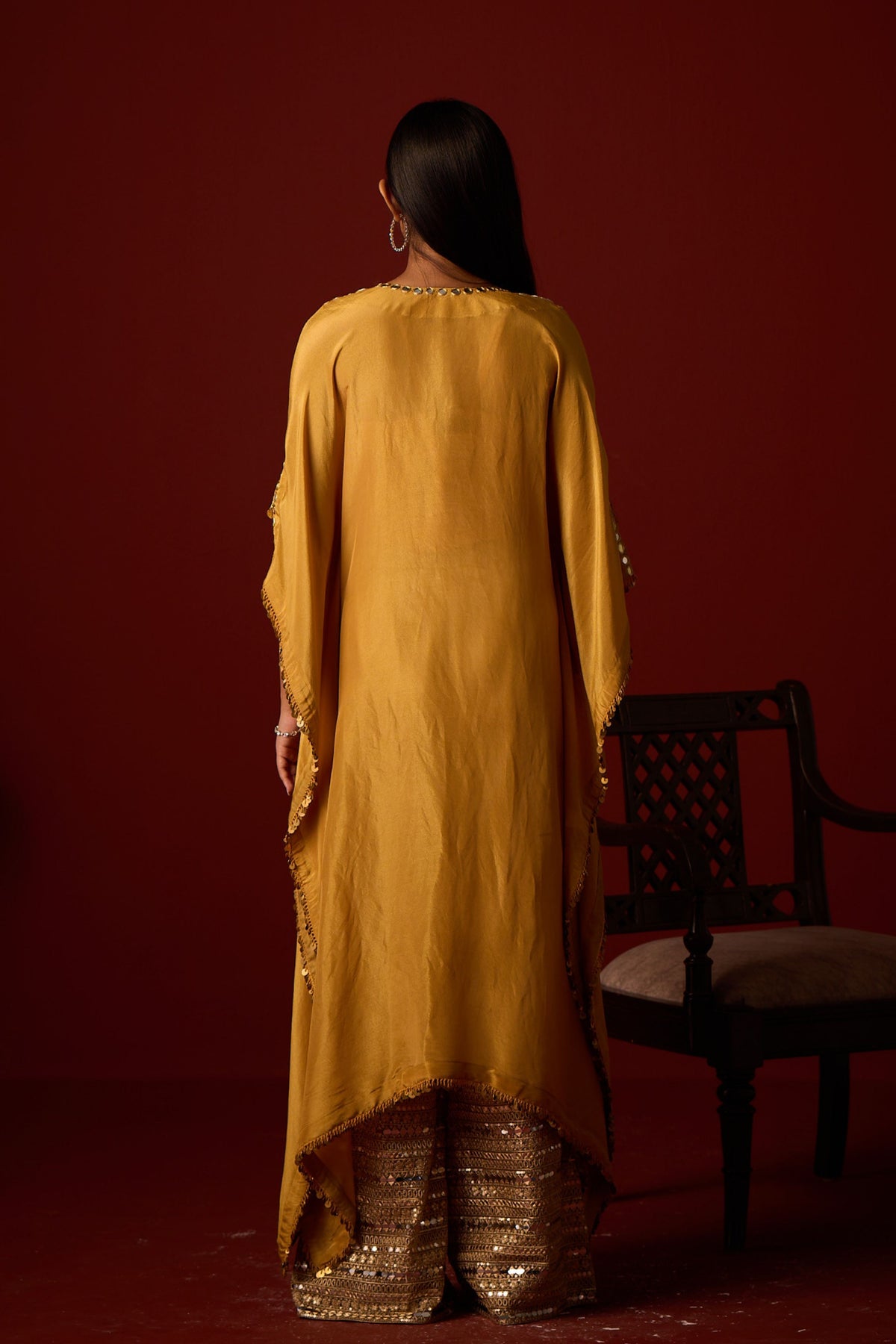 Golden Yellow Mirror Work Kaftan Set