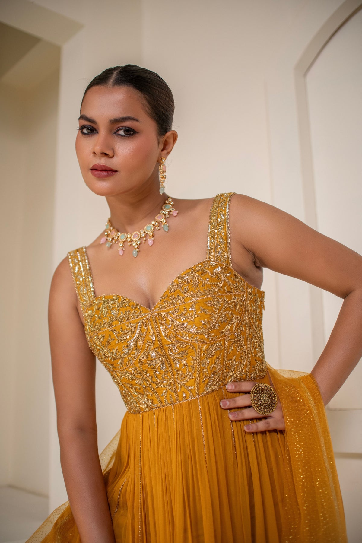 Mustard Yellow  Corset Anarkali