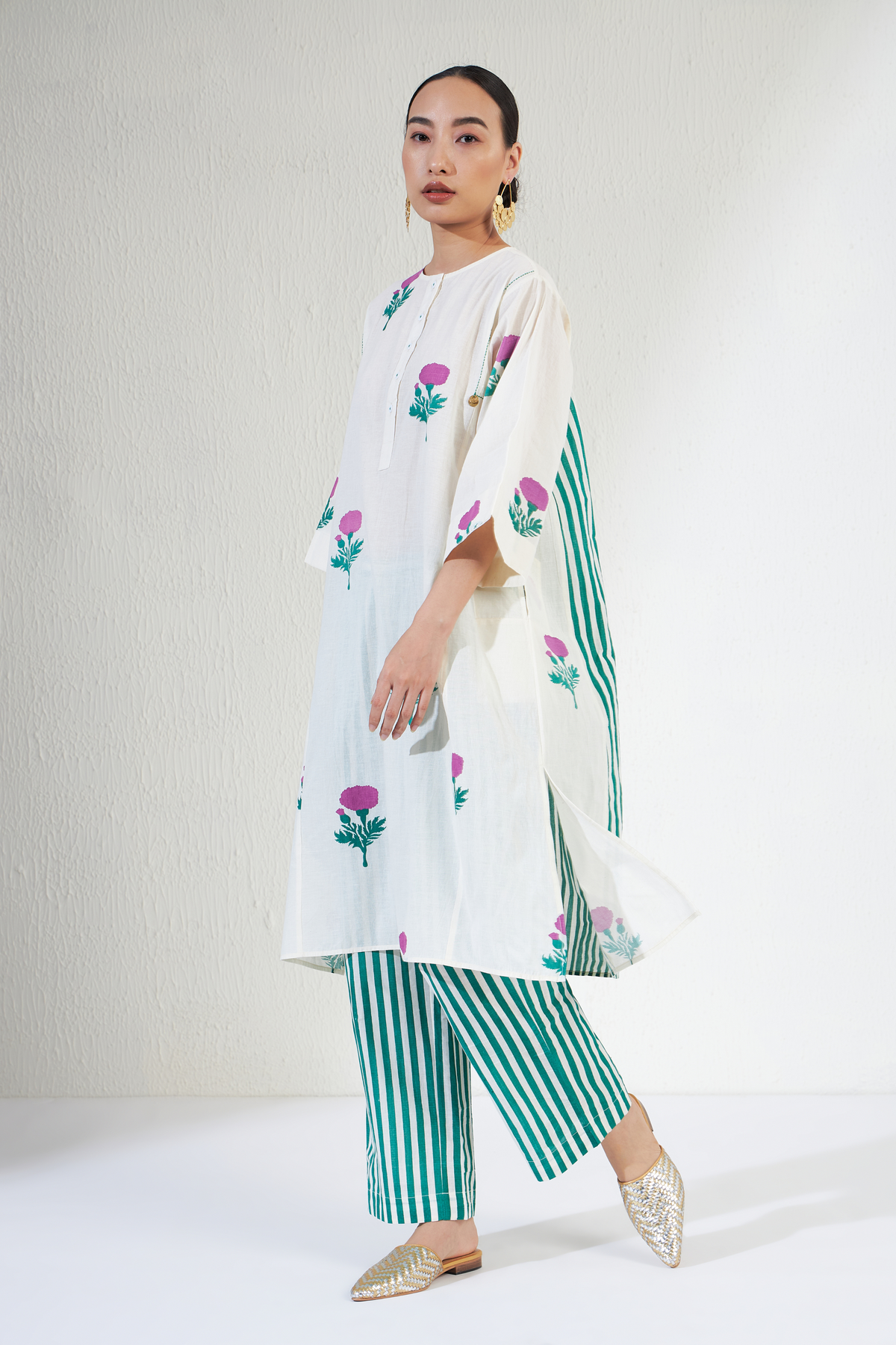 White Block Print Tara Kurta Set