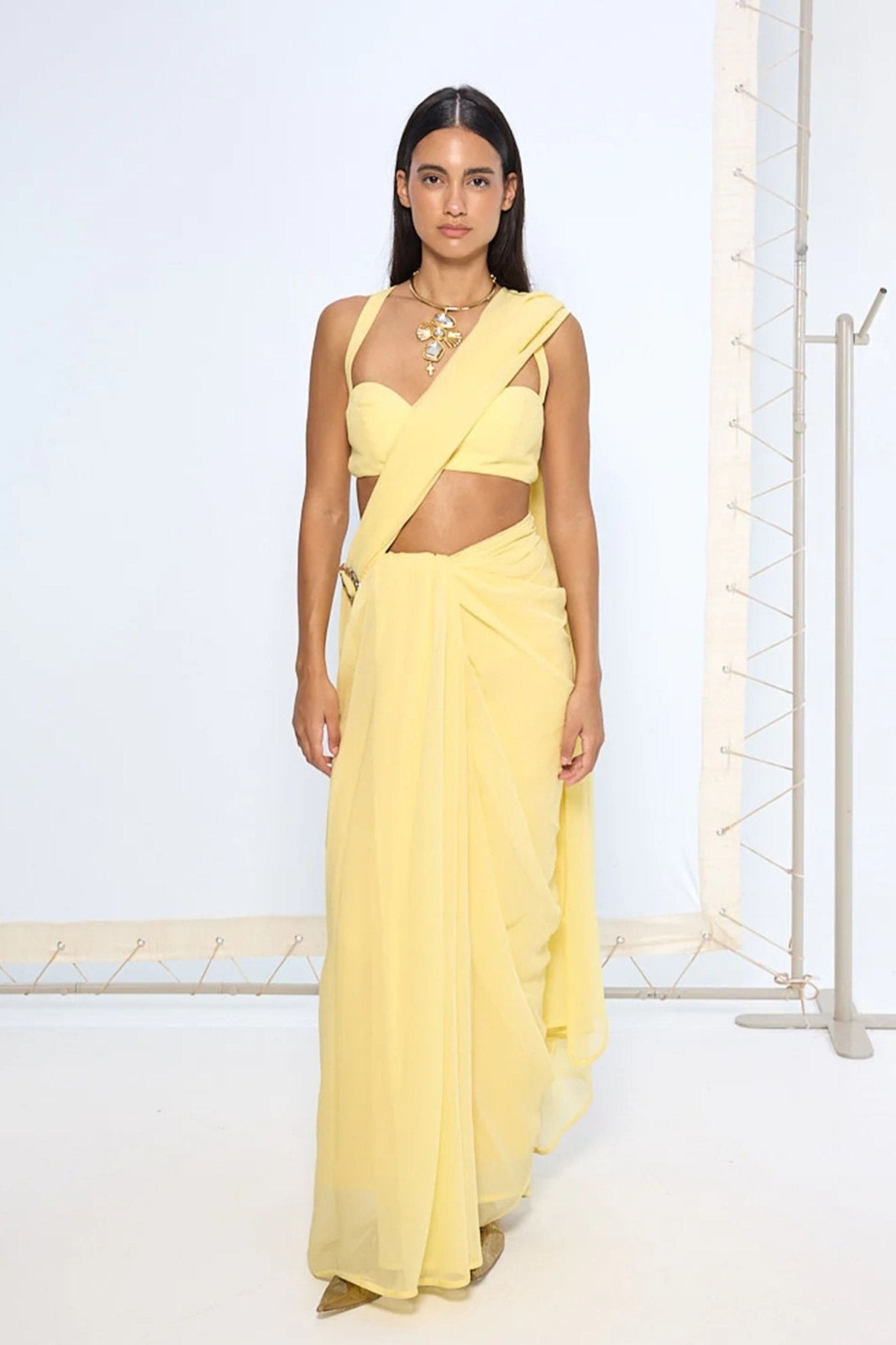 Yellow Brooch Chiffon Saree - Ekaya - Elahe