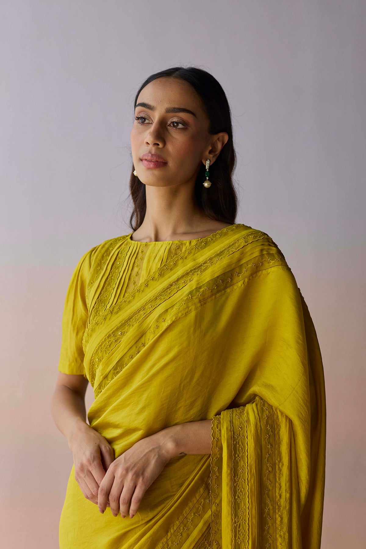 Whispering Ivy Embroidered Yellow Saree