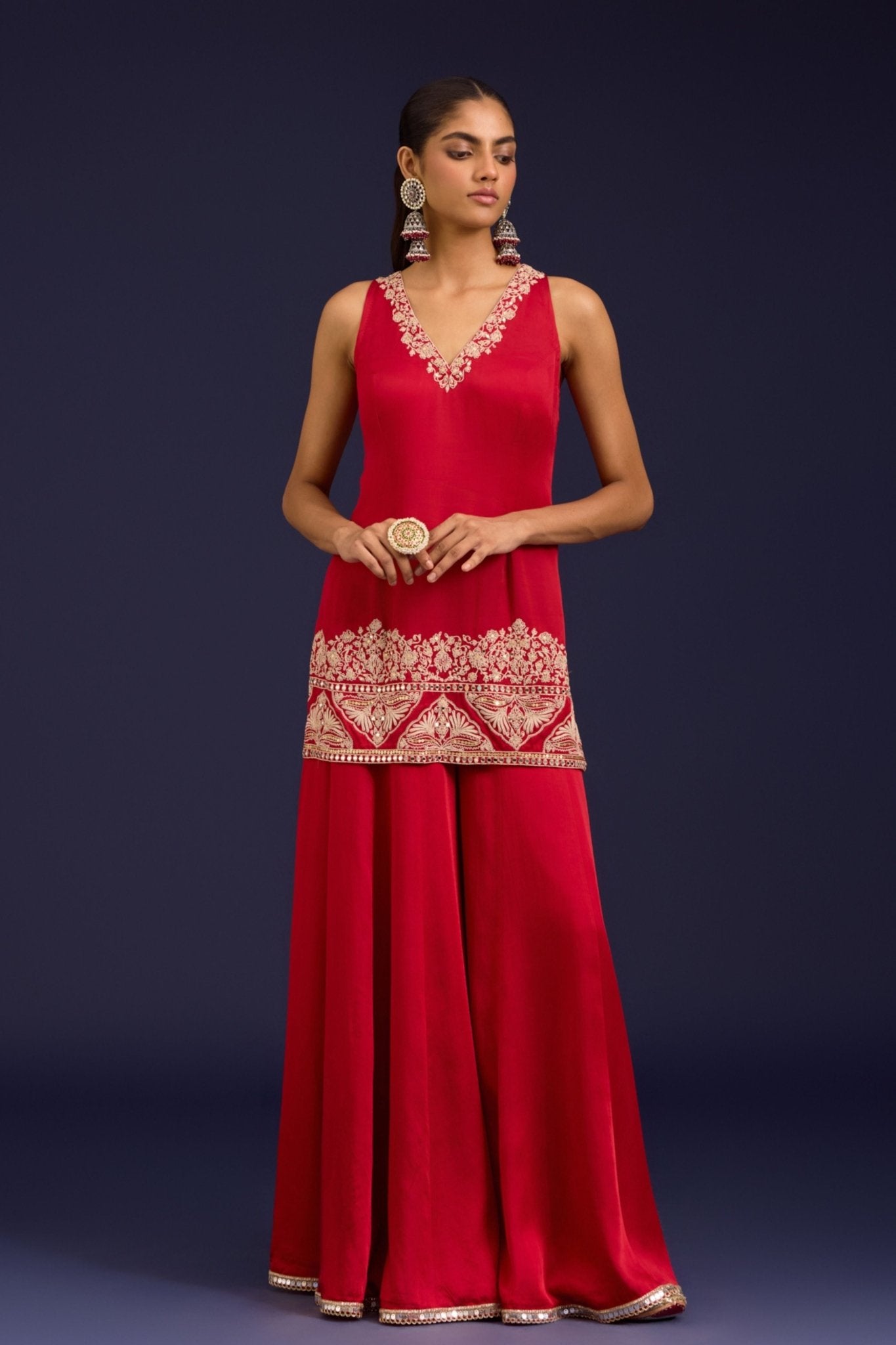 Red Modal Satin Sharara Set - Devnaagri - Elahe