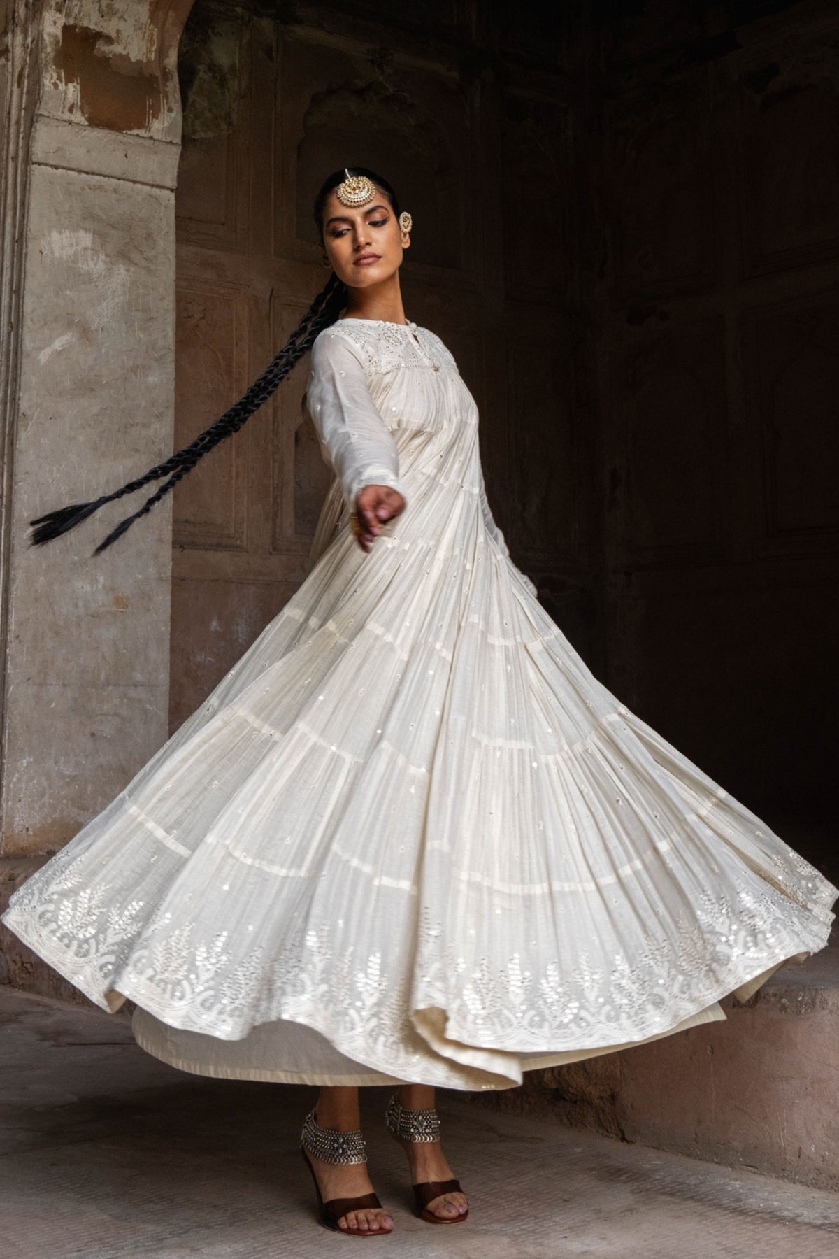 Off White 8 Layer Forest Anarkali Set