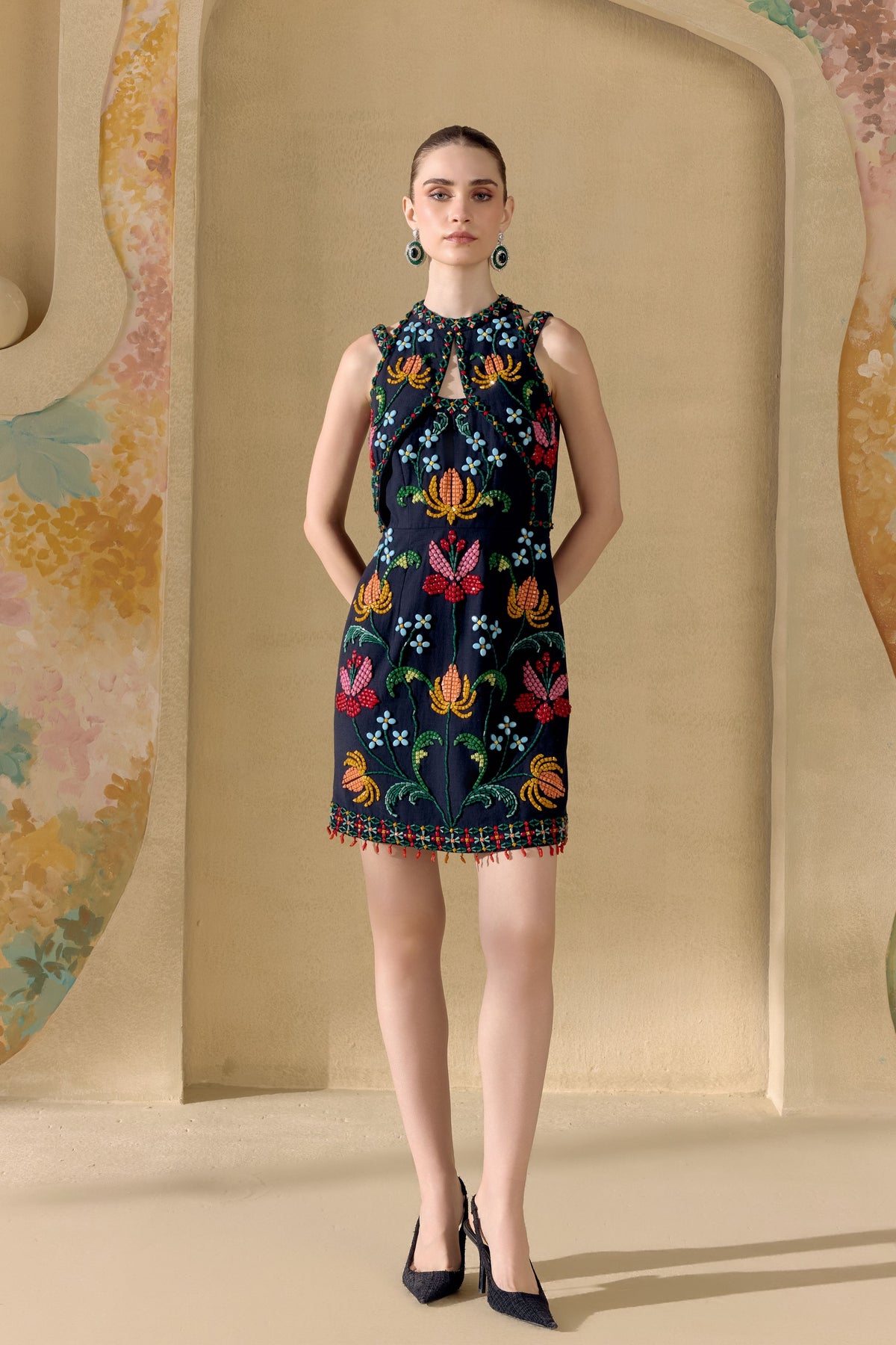 Black Mosaic Beadwork Cutout Dress