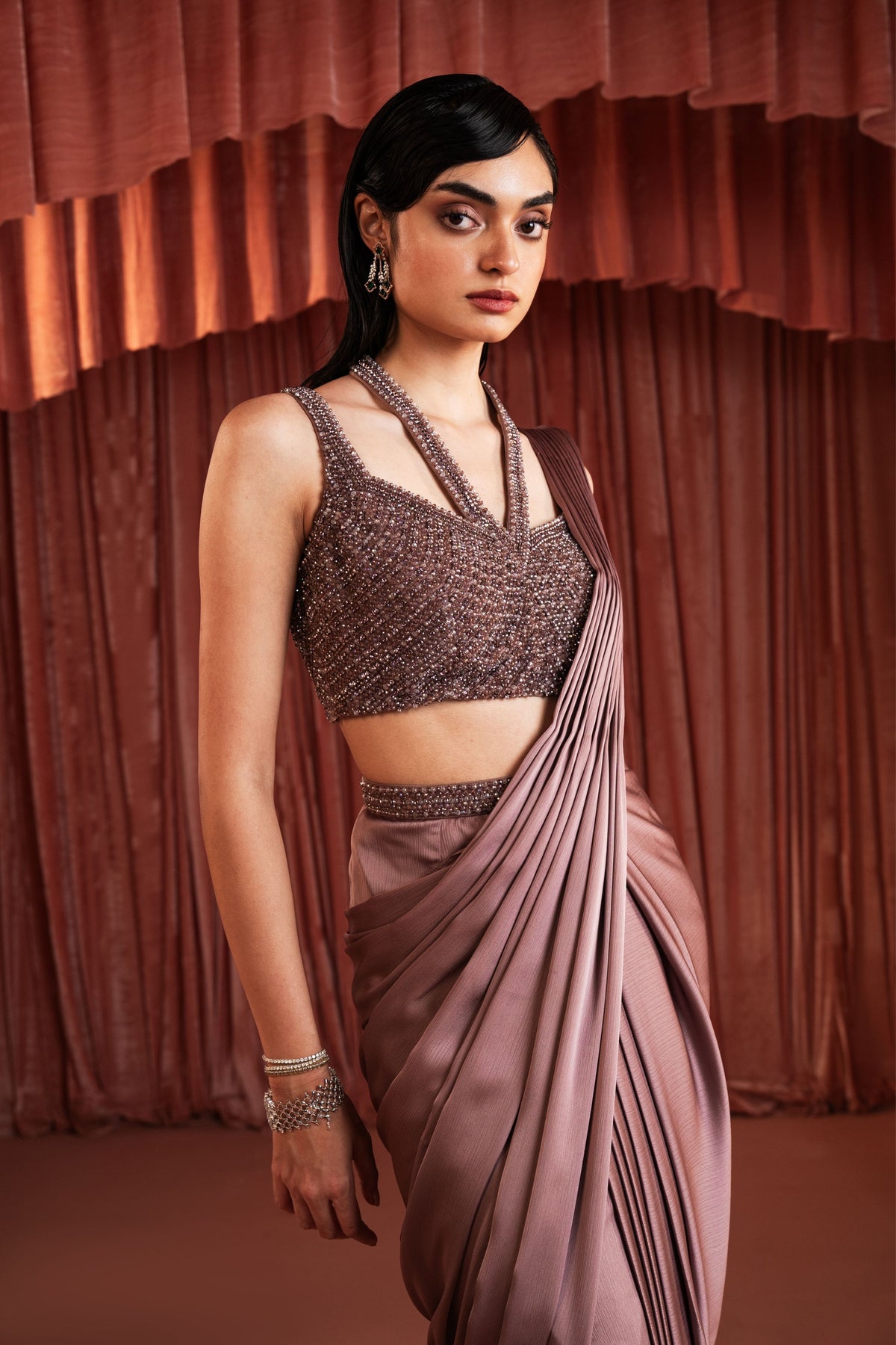 Purple Beaded Draped Saree Set