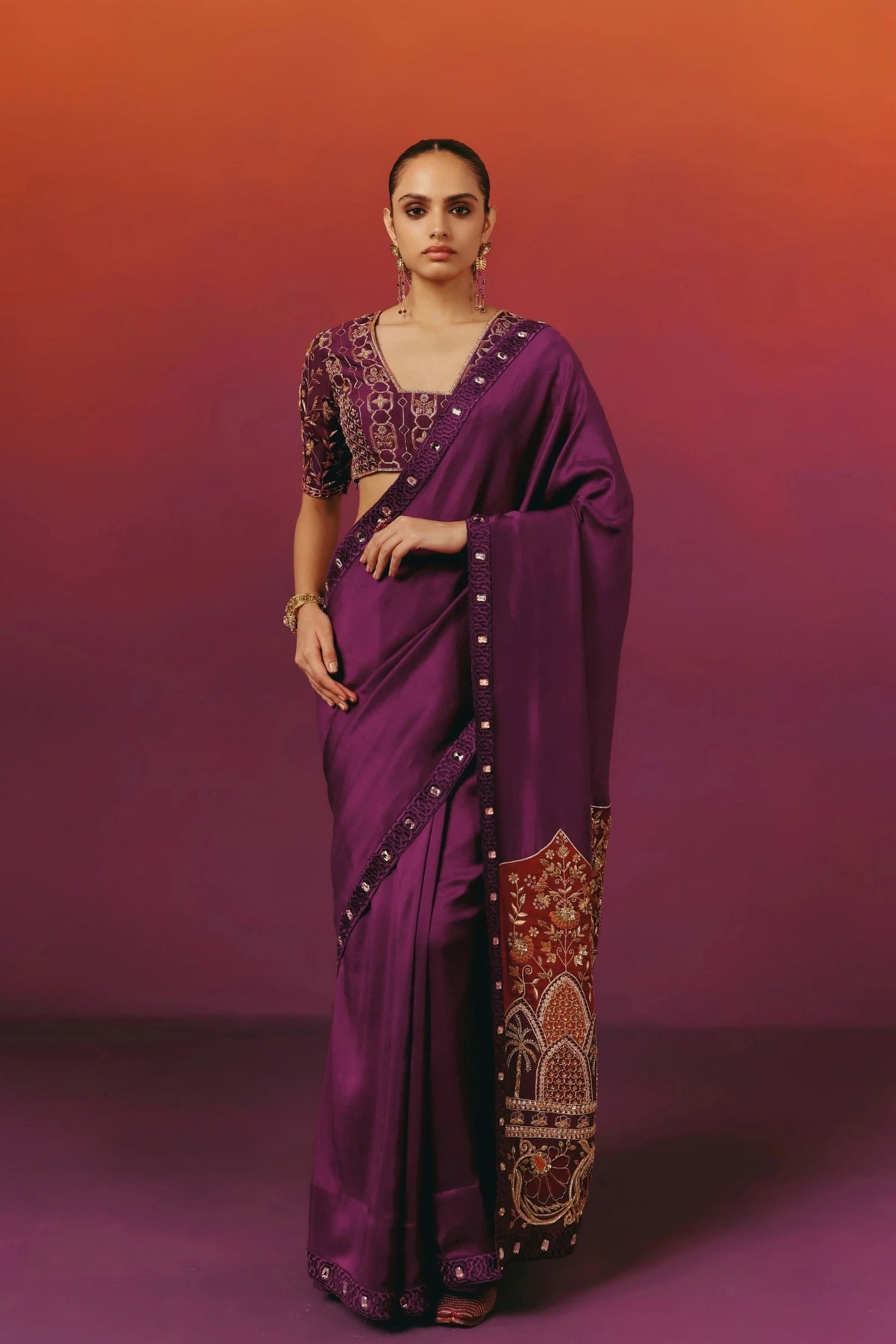 Embroidered Purple Saree Set