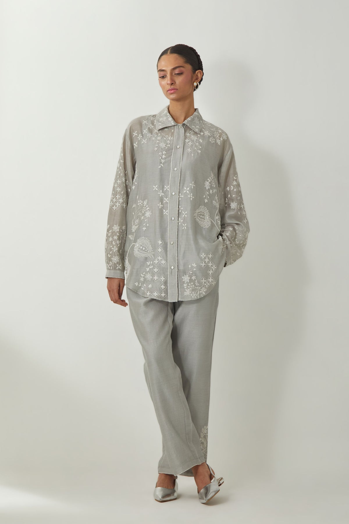 Grey Silk Chanderi Shirt Set