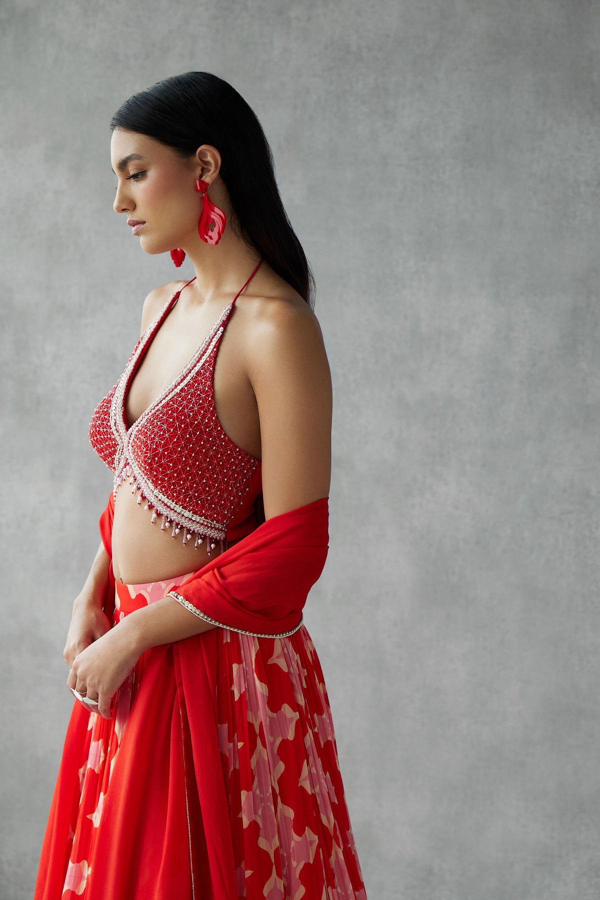 Red Printed Lehenga Set