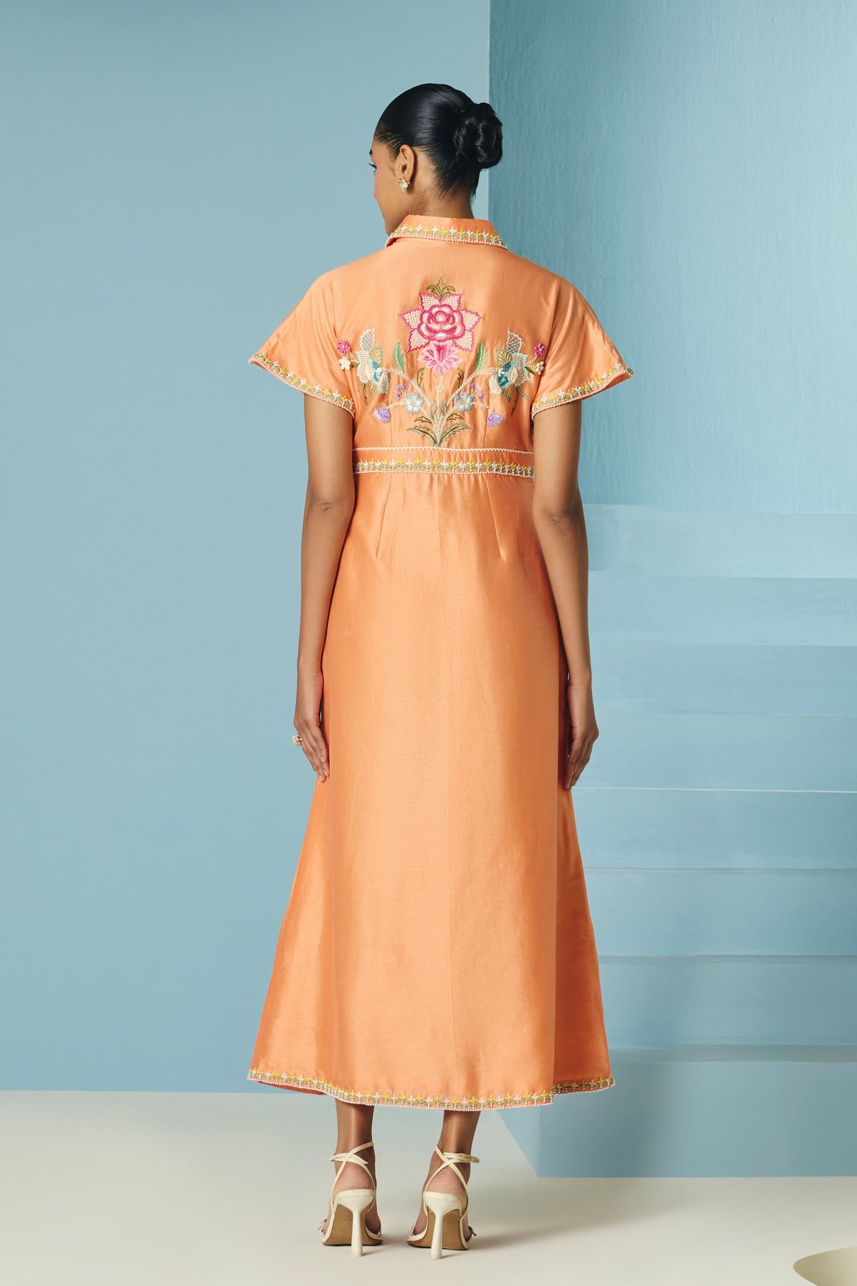 Orange Embroidered Shirt Dress