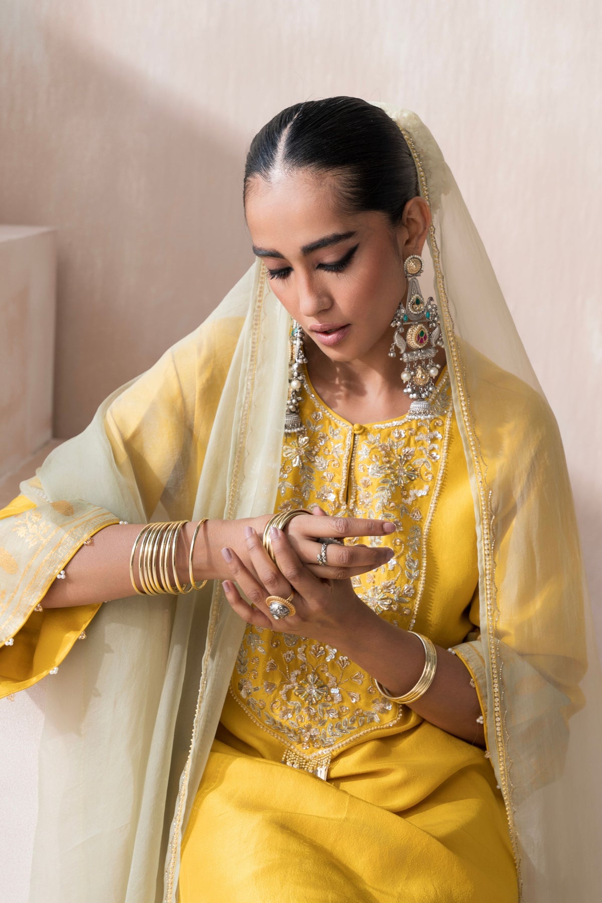 Yellow &amp; Mint High Low Kurta Set
