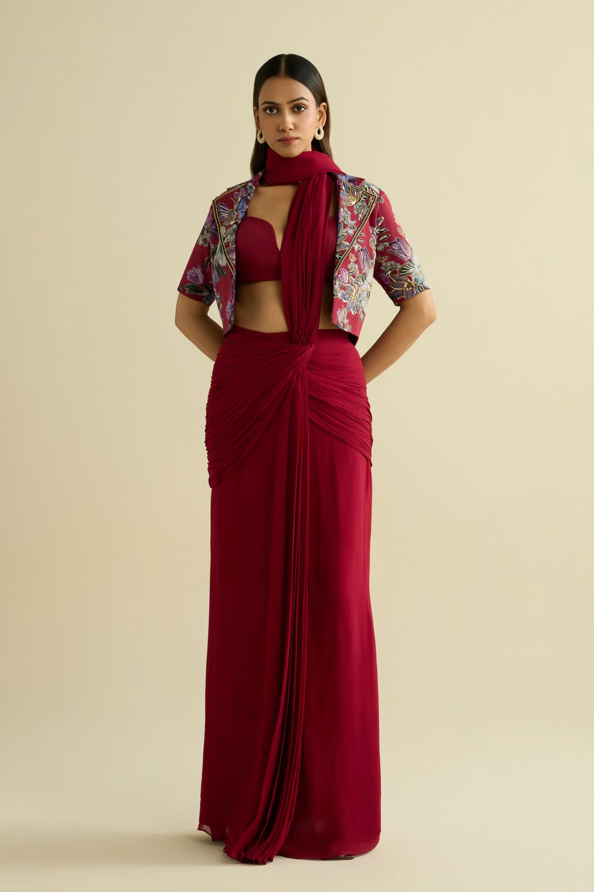 Maroon Pre-draped Saree Set