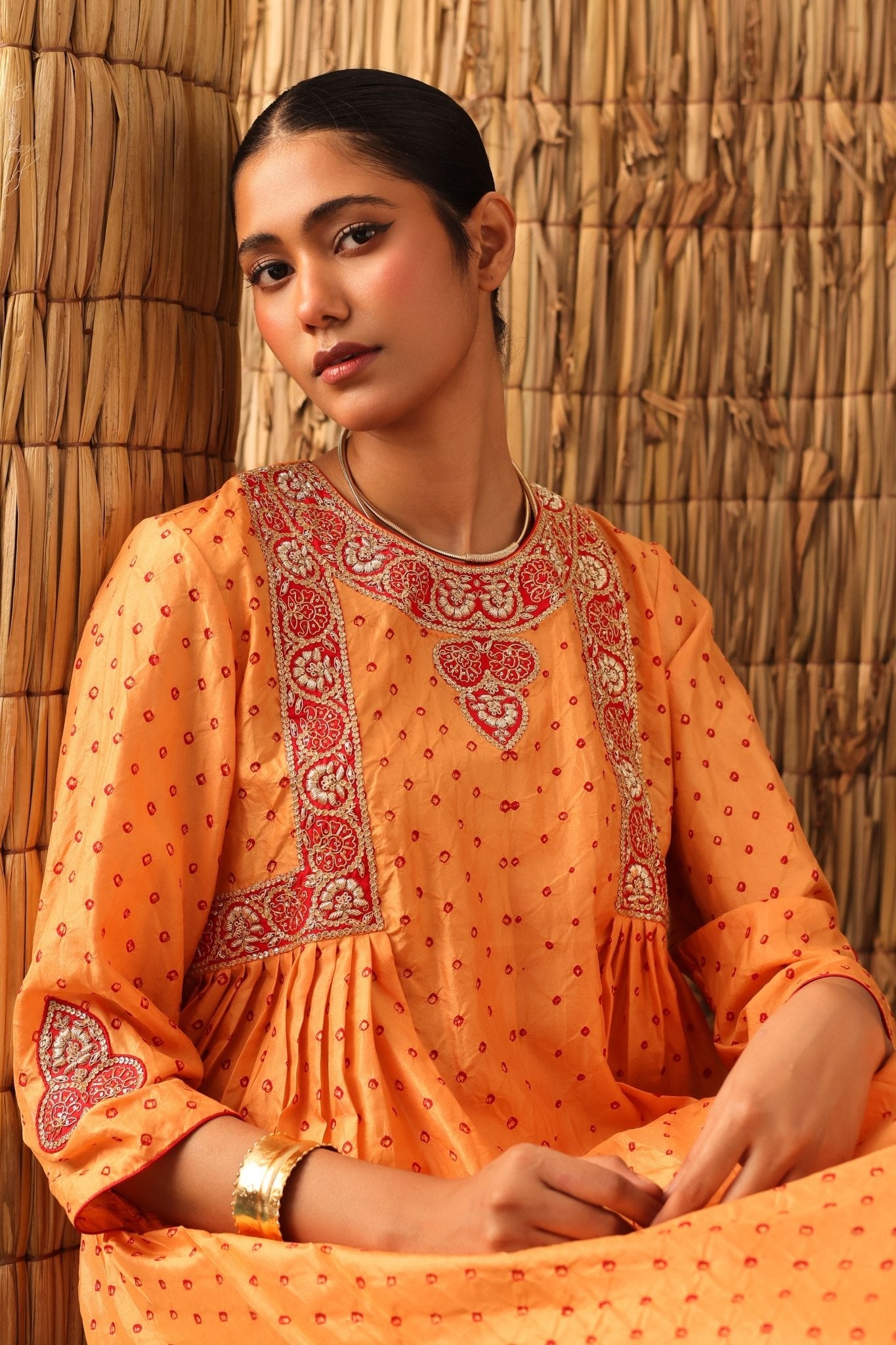 Orange Bandhani Zardozi Kurta Set - Naina Jain - Elahe