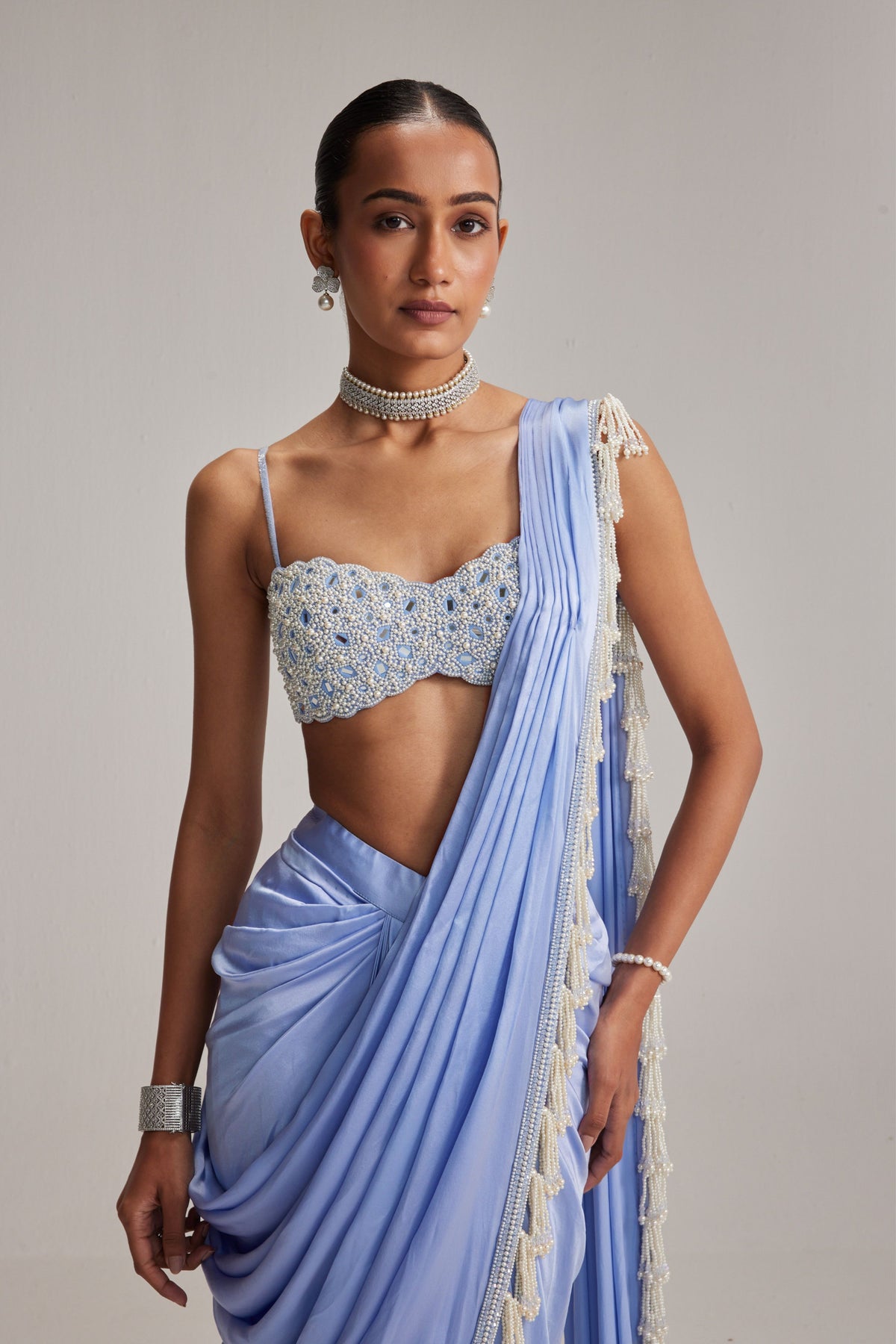 Dew Blue Satin Draped Saree Set