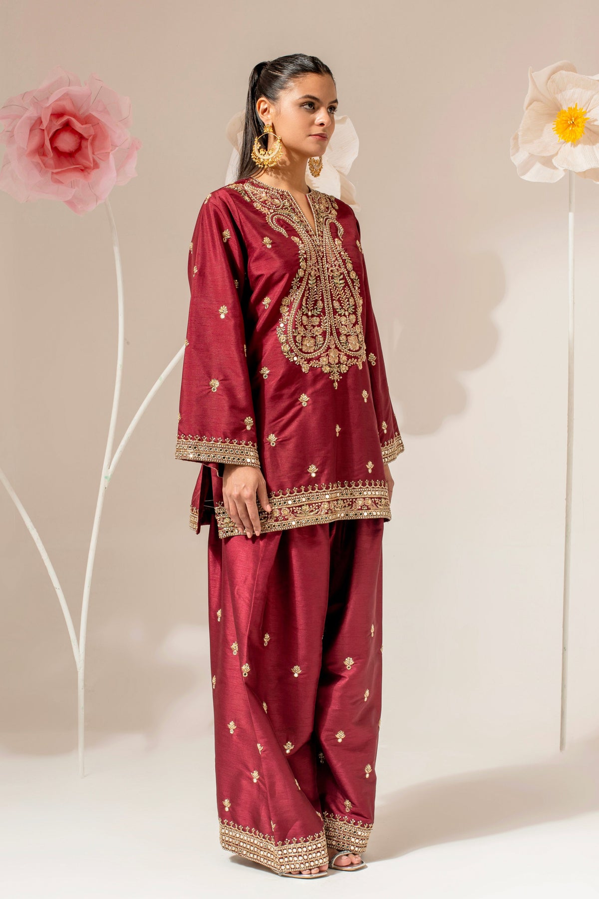 Maroon Silk Embroidered Paisley Kurta Set
