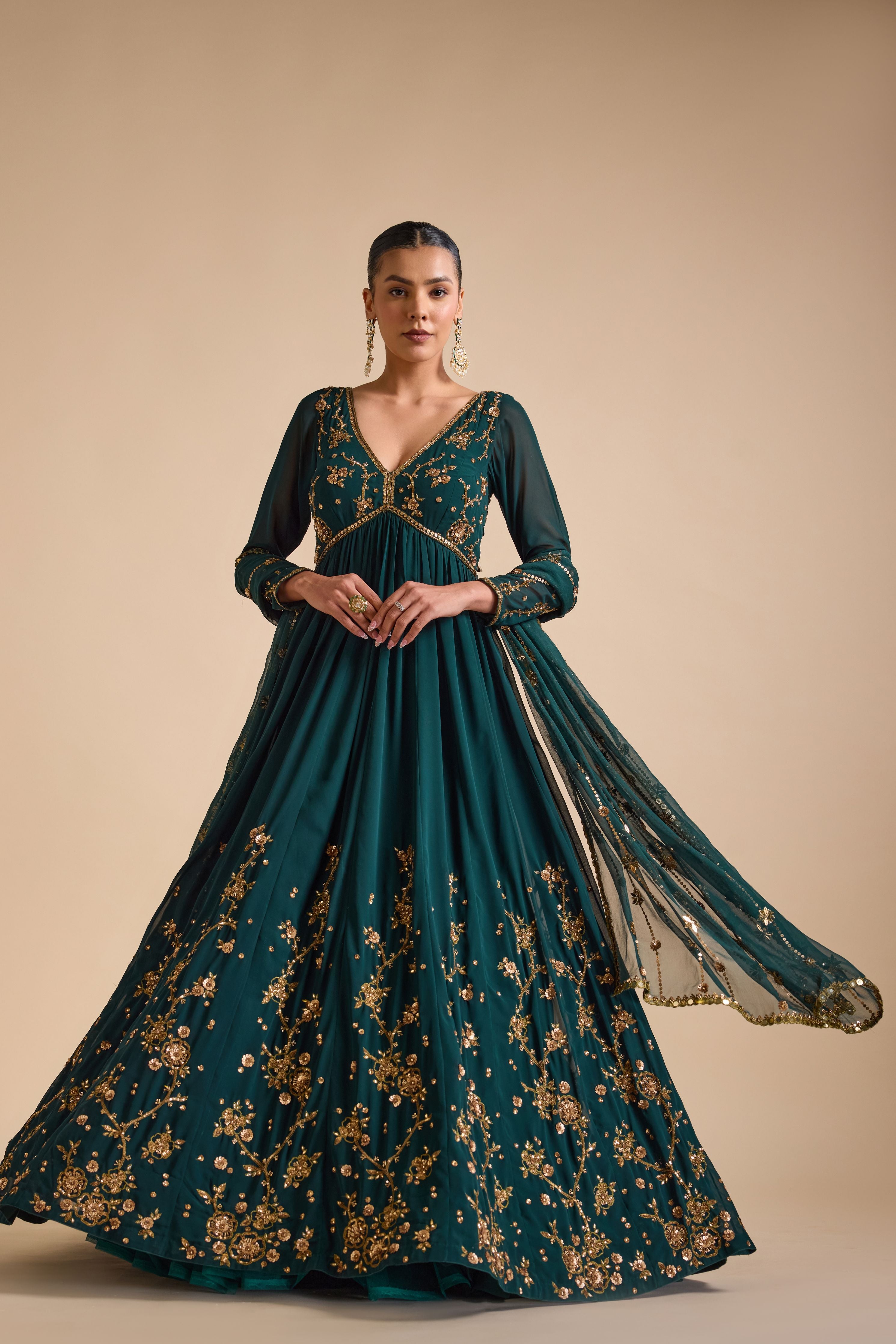 Prevasu Emerald Green Sequence Anarkali Gown L Prevasu Emerald Green Sequence Anarkali Gown L