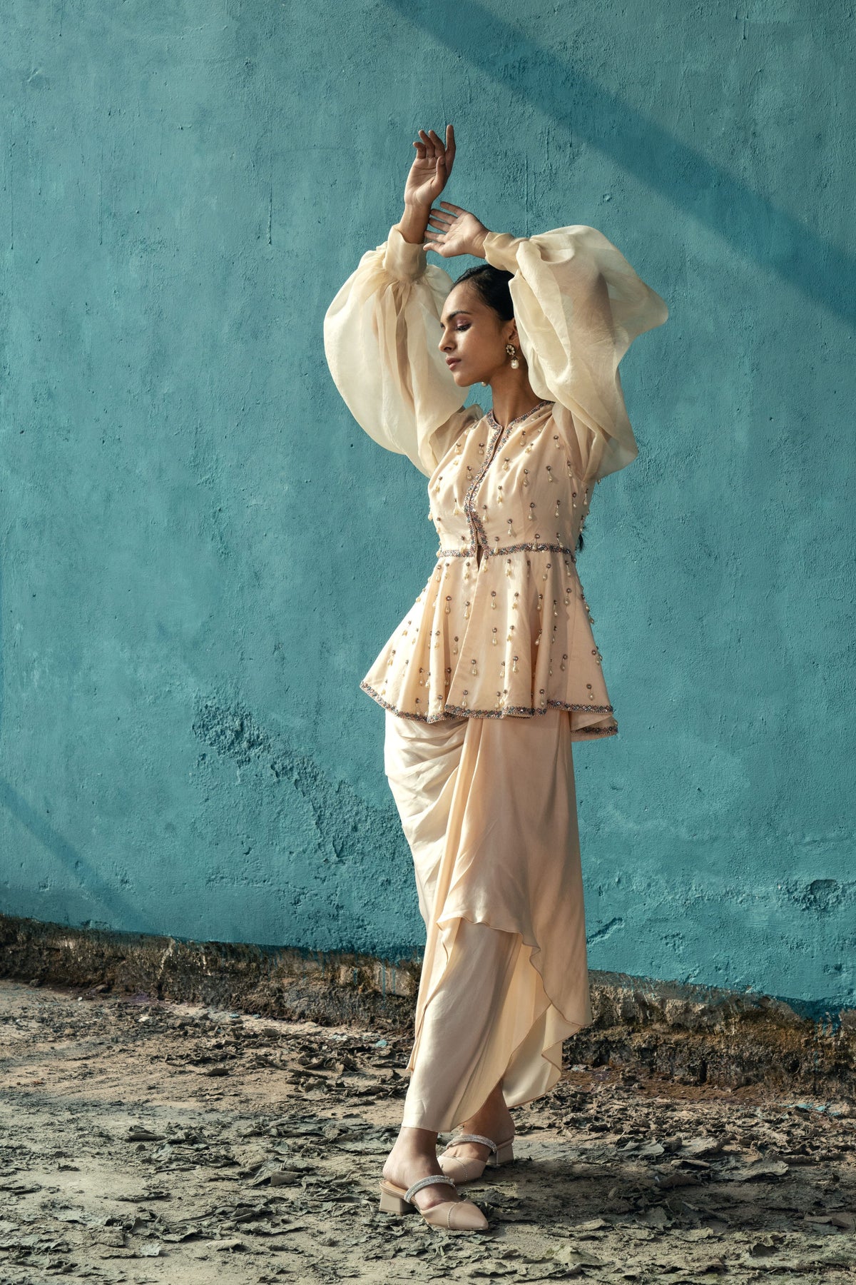 Emboridered Peplum With Draped Skirt