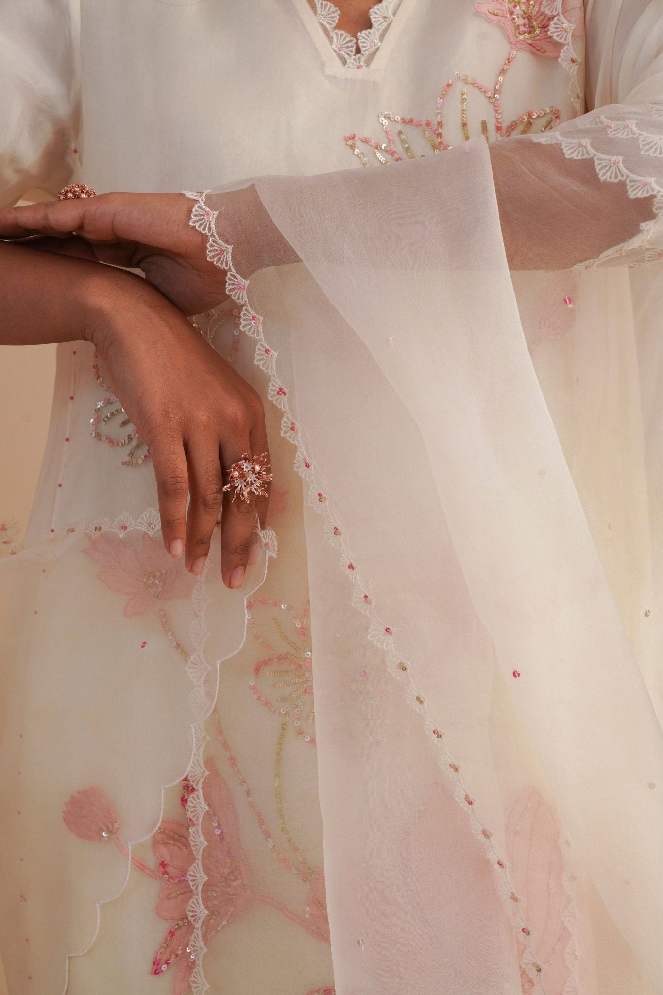 Ecru Silk Organza Dupatta - One Not Two - Elahe