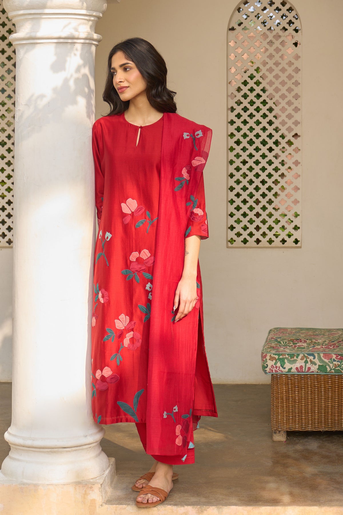Cherry Red Applique Kurta Set