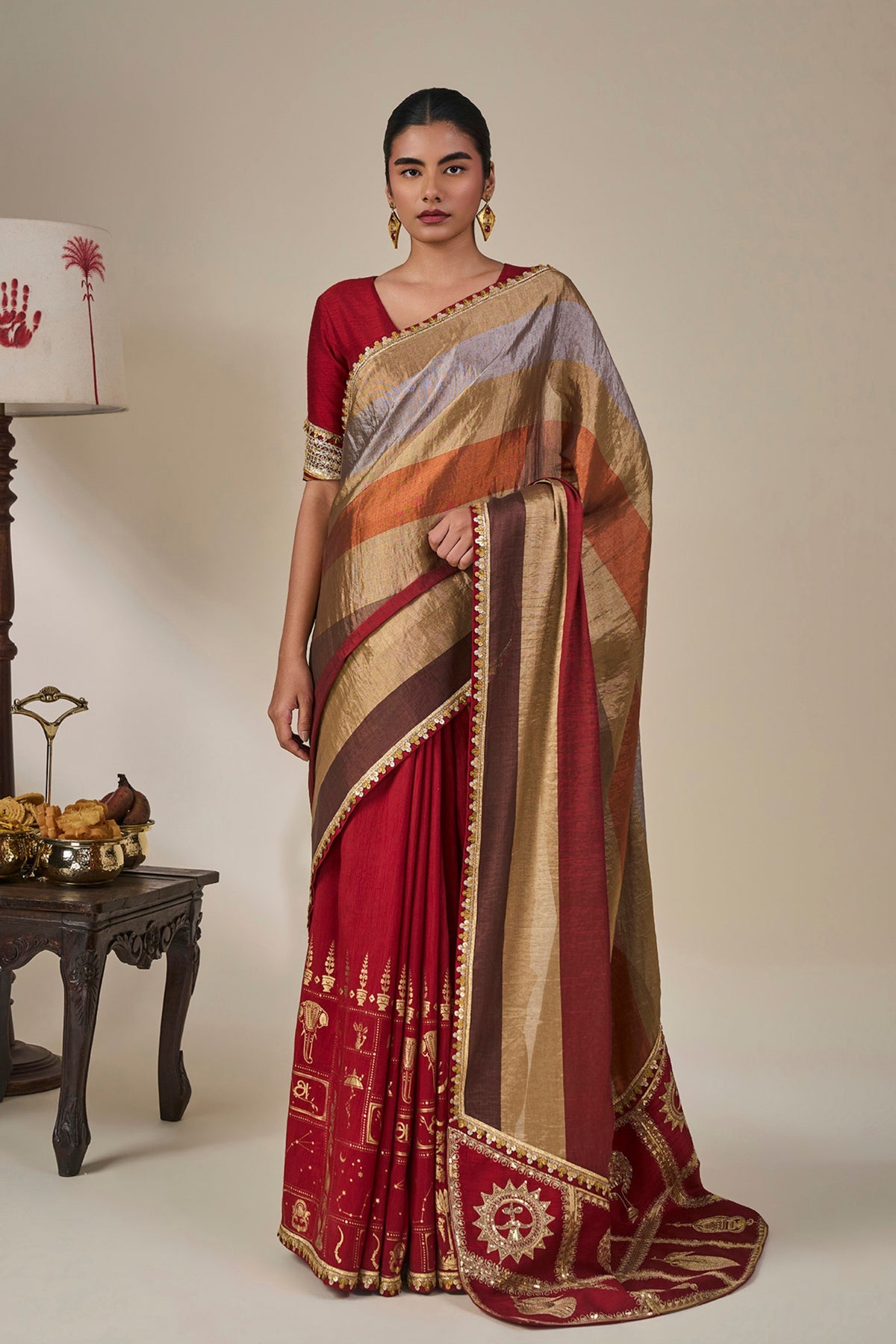 Red Tropical Stardust Saree