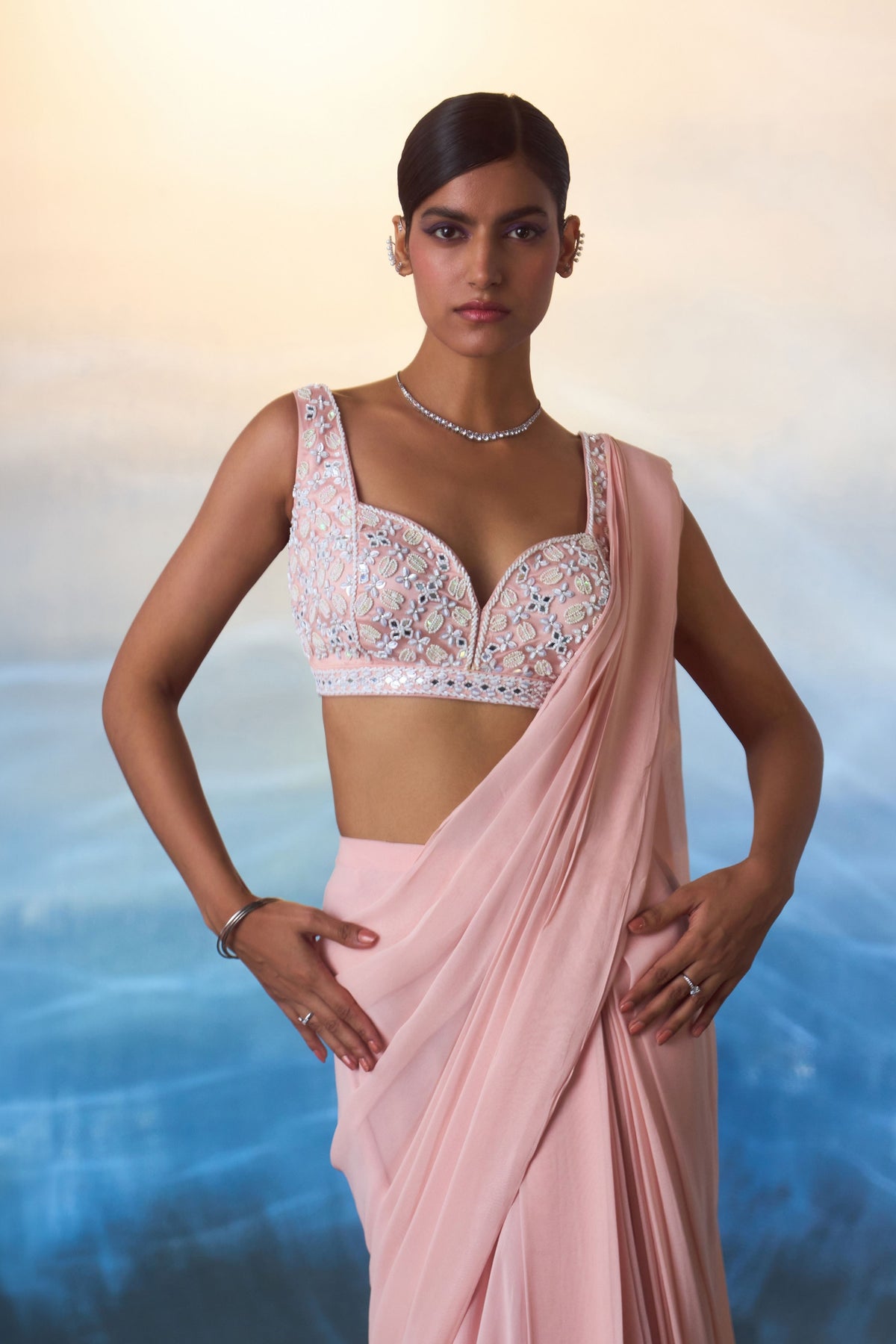 Dusty Peach Drape Saree Set