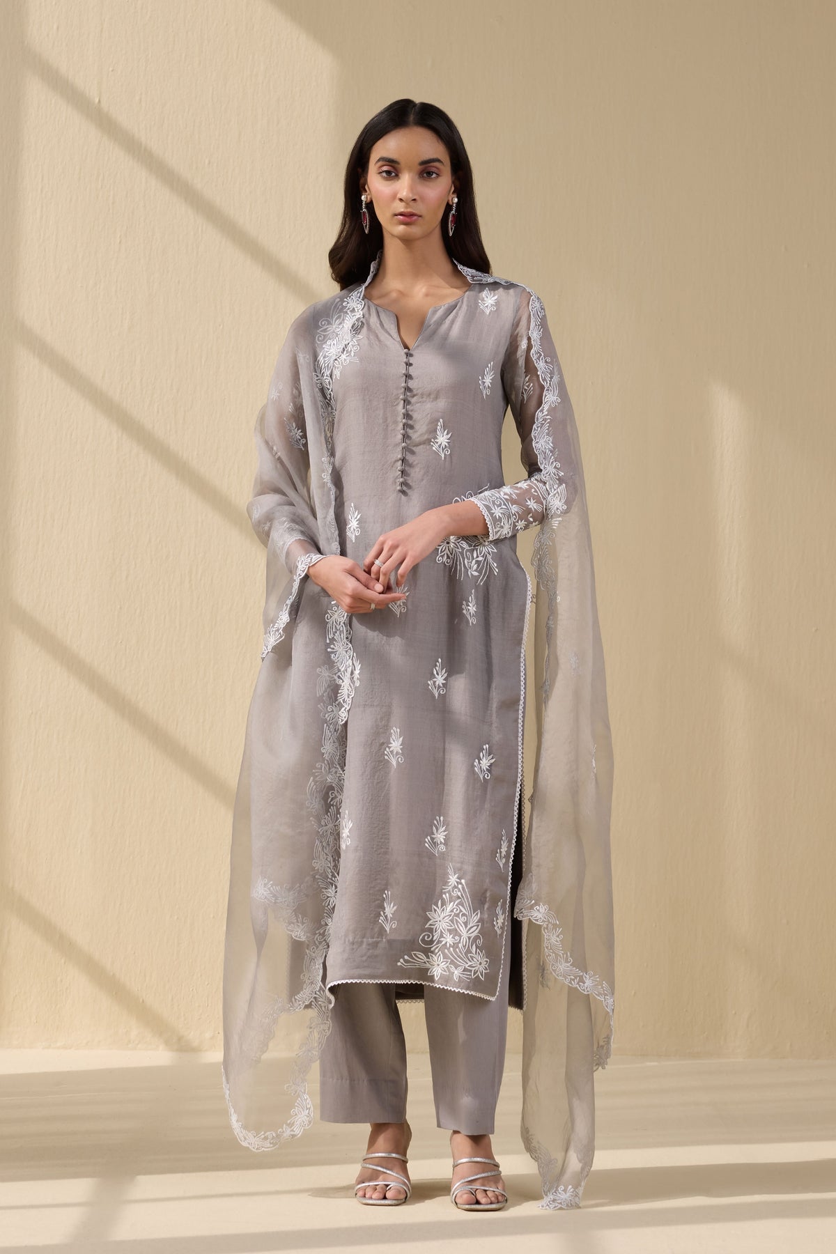 Grey Embroidered Organza Suit