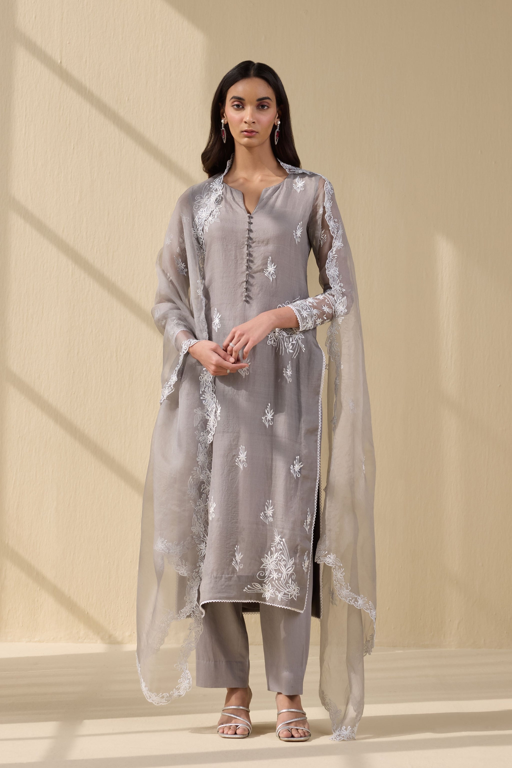 Meesa - Grey Embroidered Organza Suit - Elahe Meesa - Grey Embroidered Organza Suit - Elahe