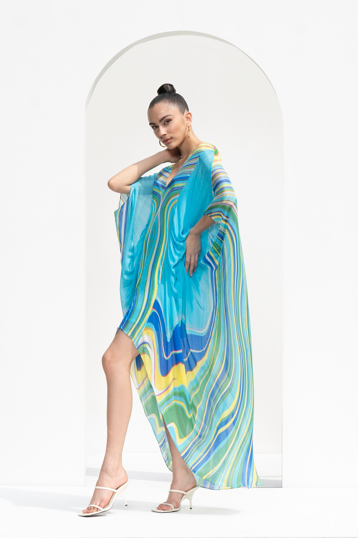 Blue Marble Placement Printed Chiffon Kaftan