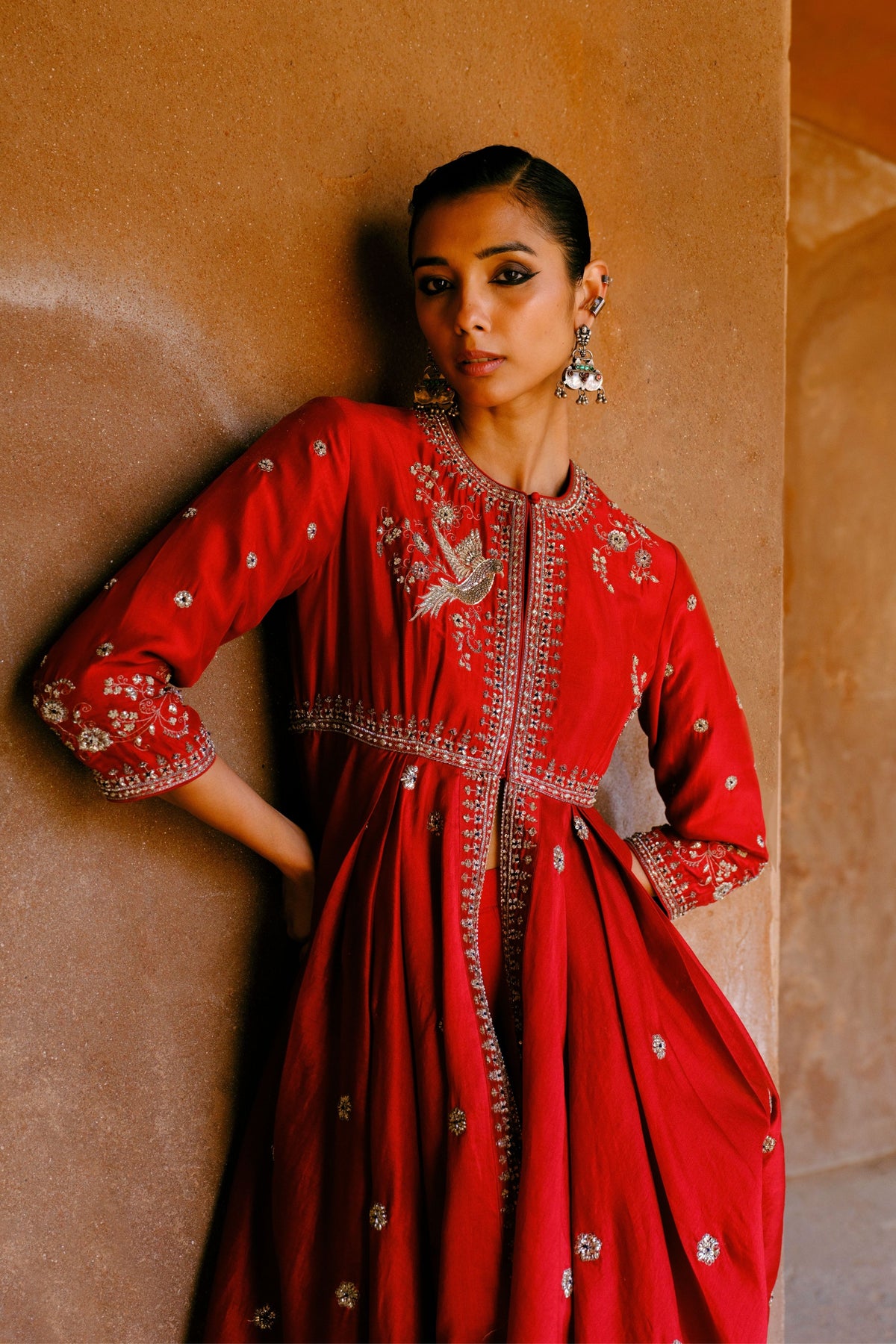 Embroidery Red Anarkali With Pants
