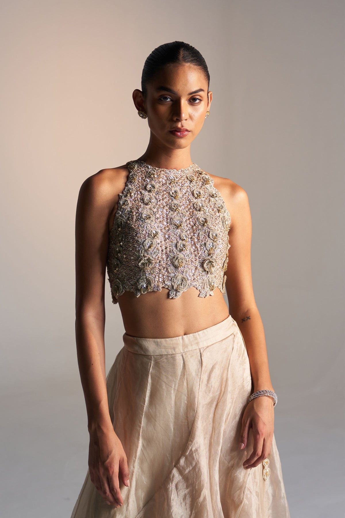 Beige Champagne Skirt Set