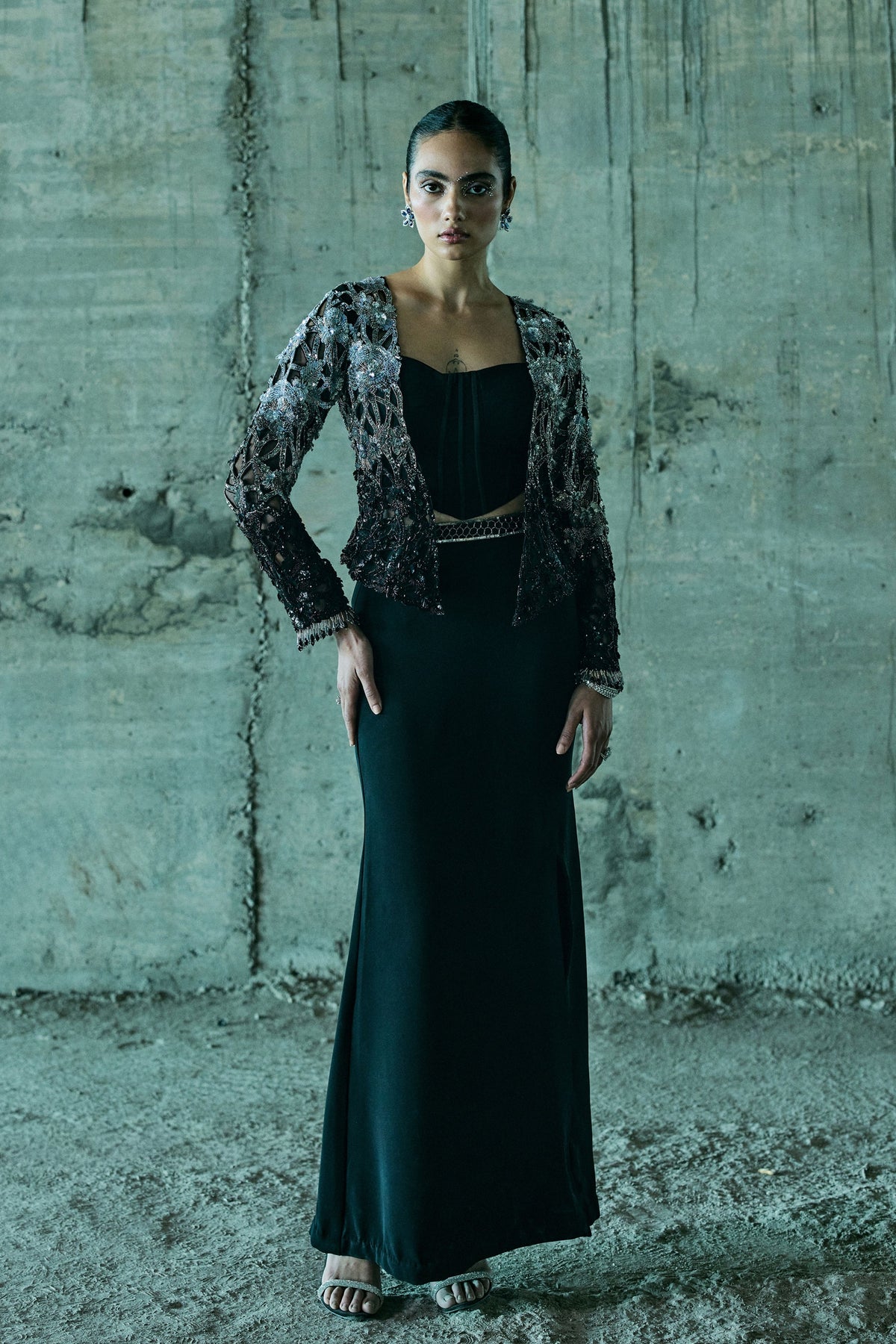 Black Shaded-Cutwork Jacket Set