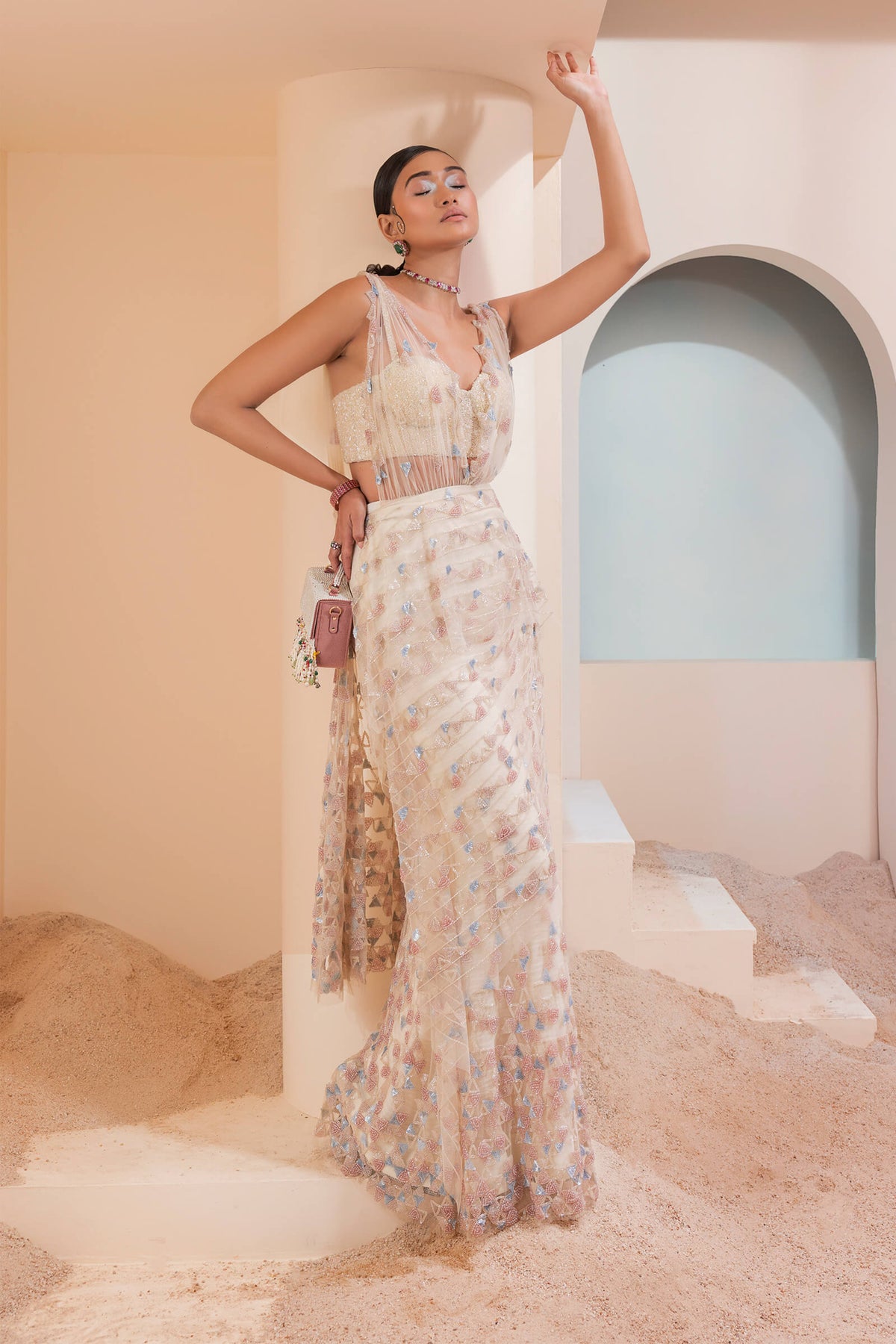 Cream Corset Draped Saree Set