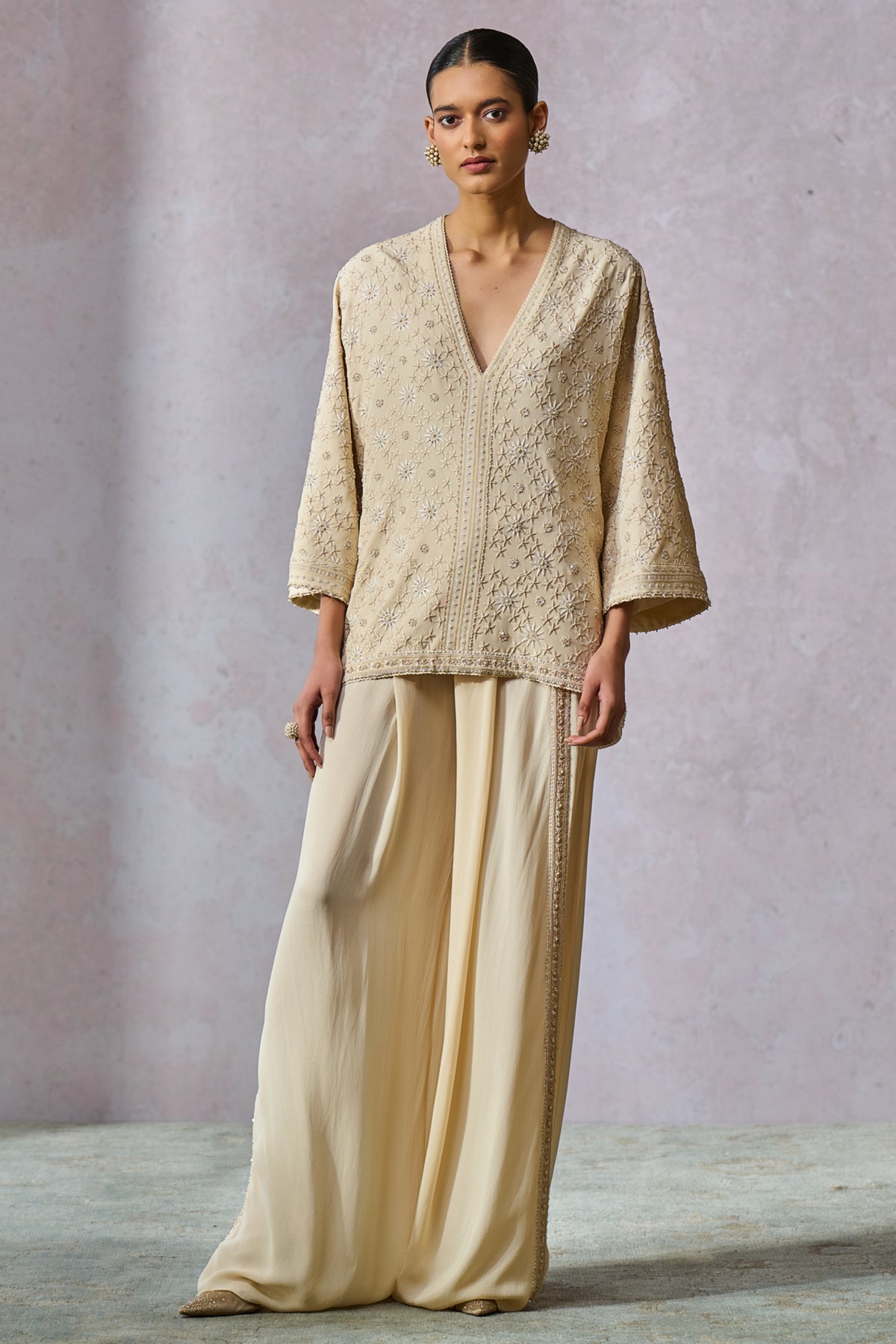 Ecru  Chikankari Jacket Style Top With Trouser