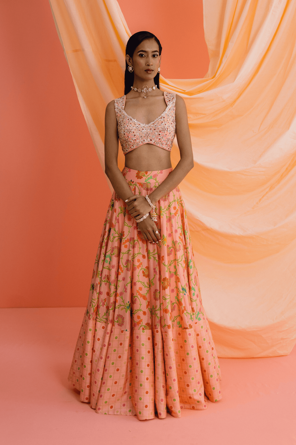 Peach Panelled Lehenga Set