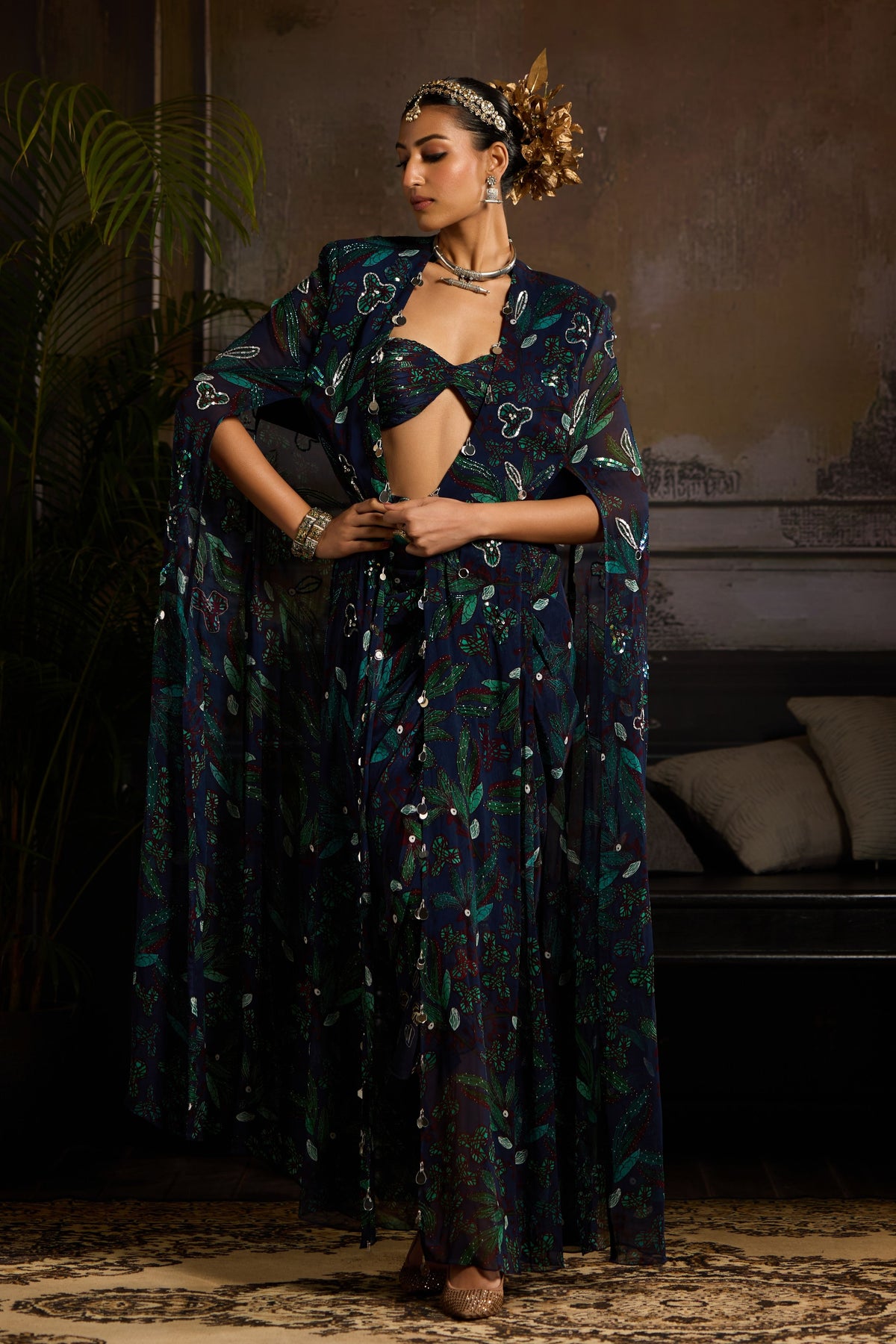 Dark Blue Print Cape Set