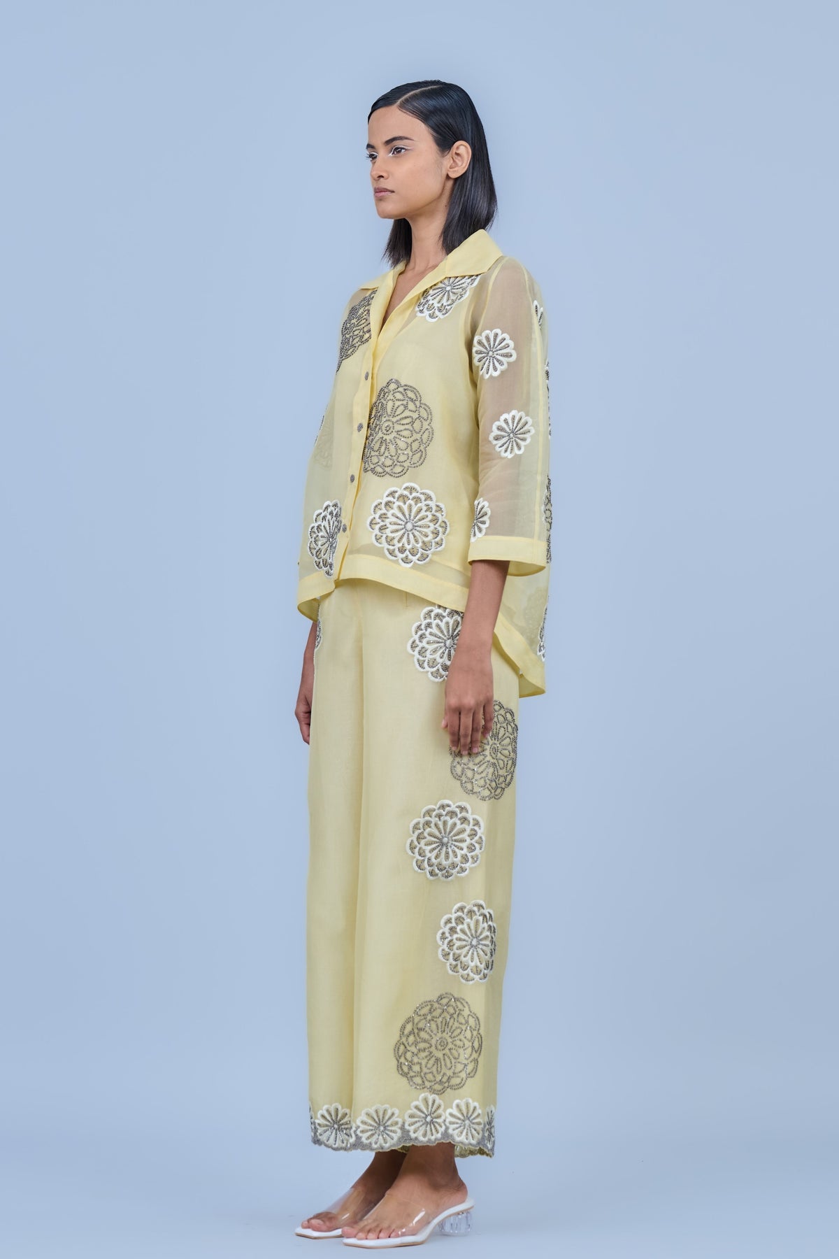 Silk Organza Threadwork Pants in Yellow
