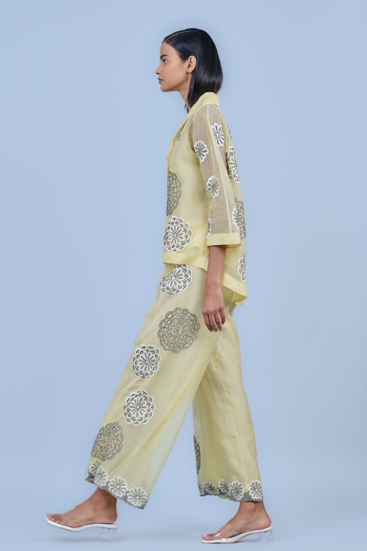 Silk Organza Threadwork Pants in Yellow