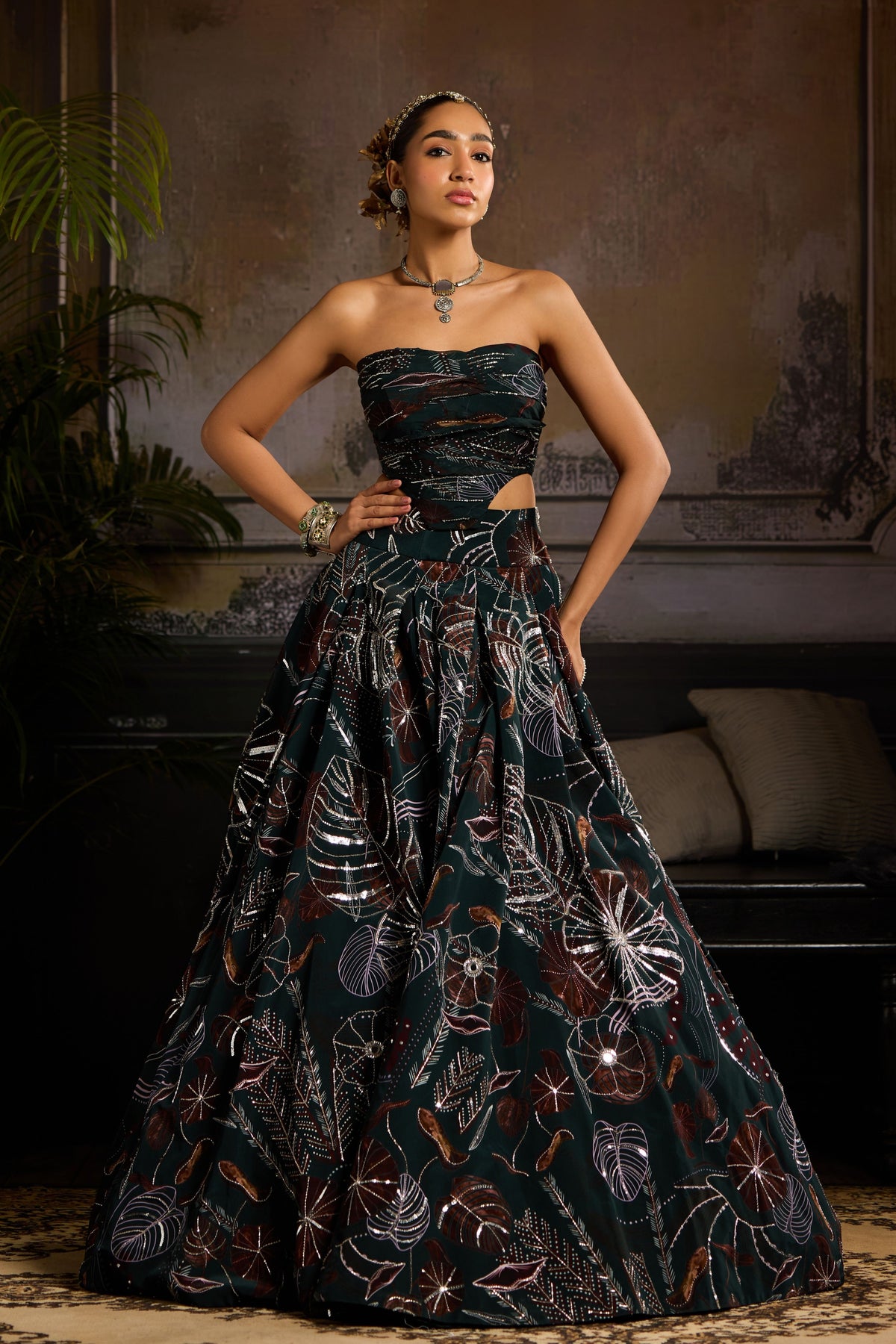 Dark Green Print Lehenga Set