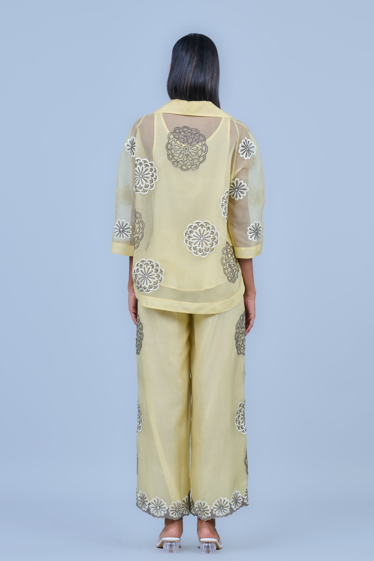 Silk Organza Threadwork Pants in Yellow