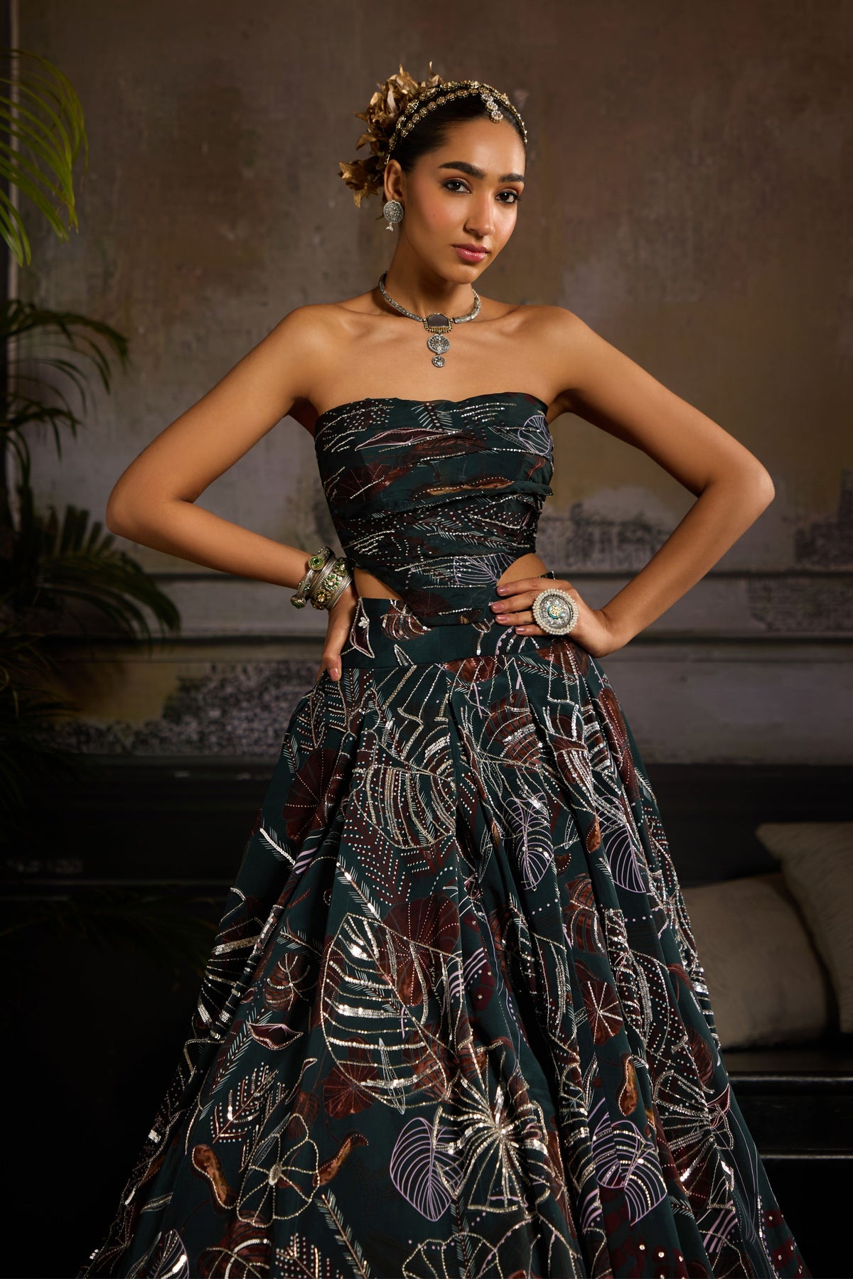 Dark Green Print Lehenga Set