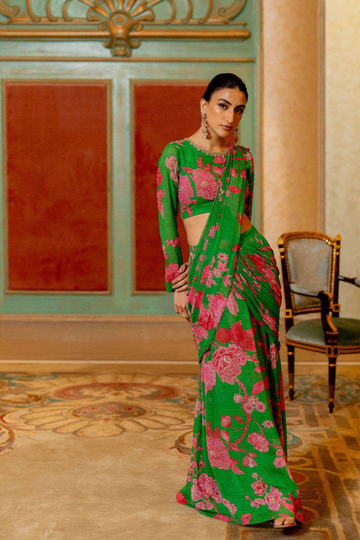 Green and Pink Floral Printed Pre Draped Saree Set