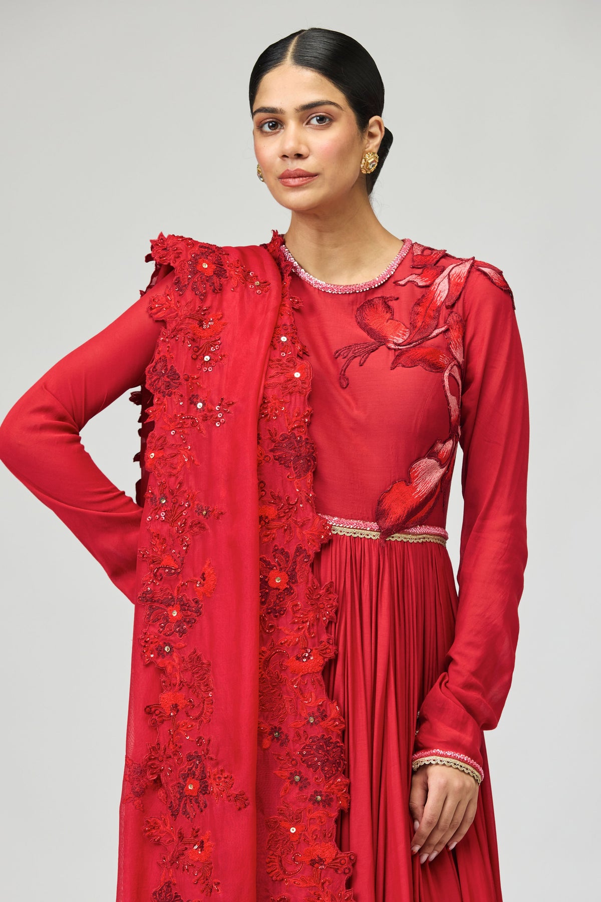 Red Opara Silk Anarkali Set