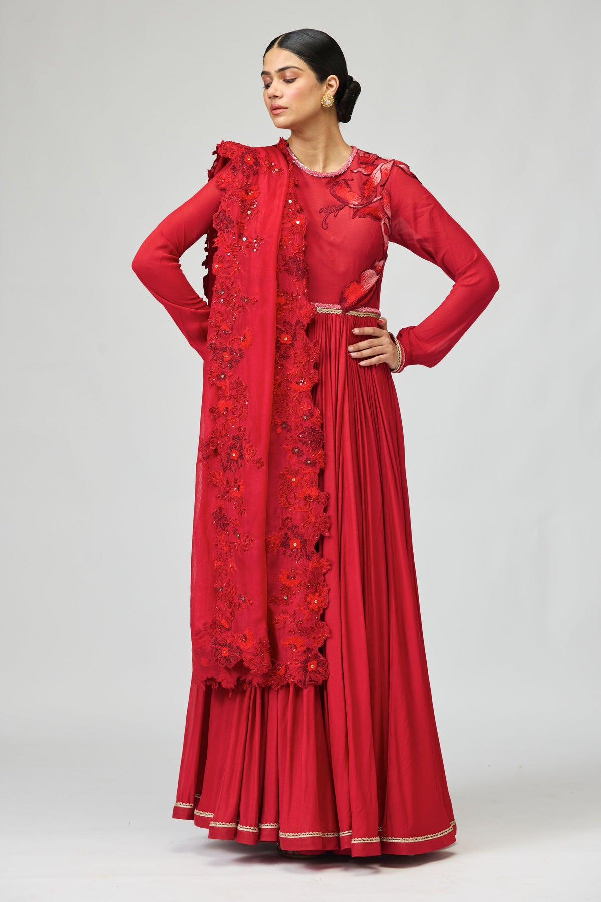 Red Opara Silk Anarkali Set
