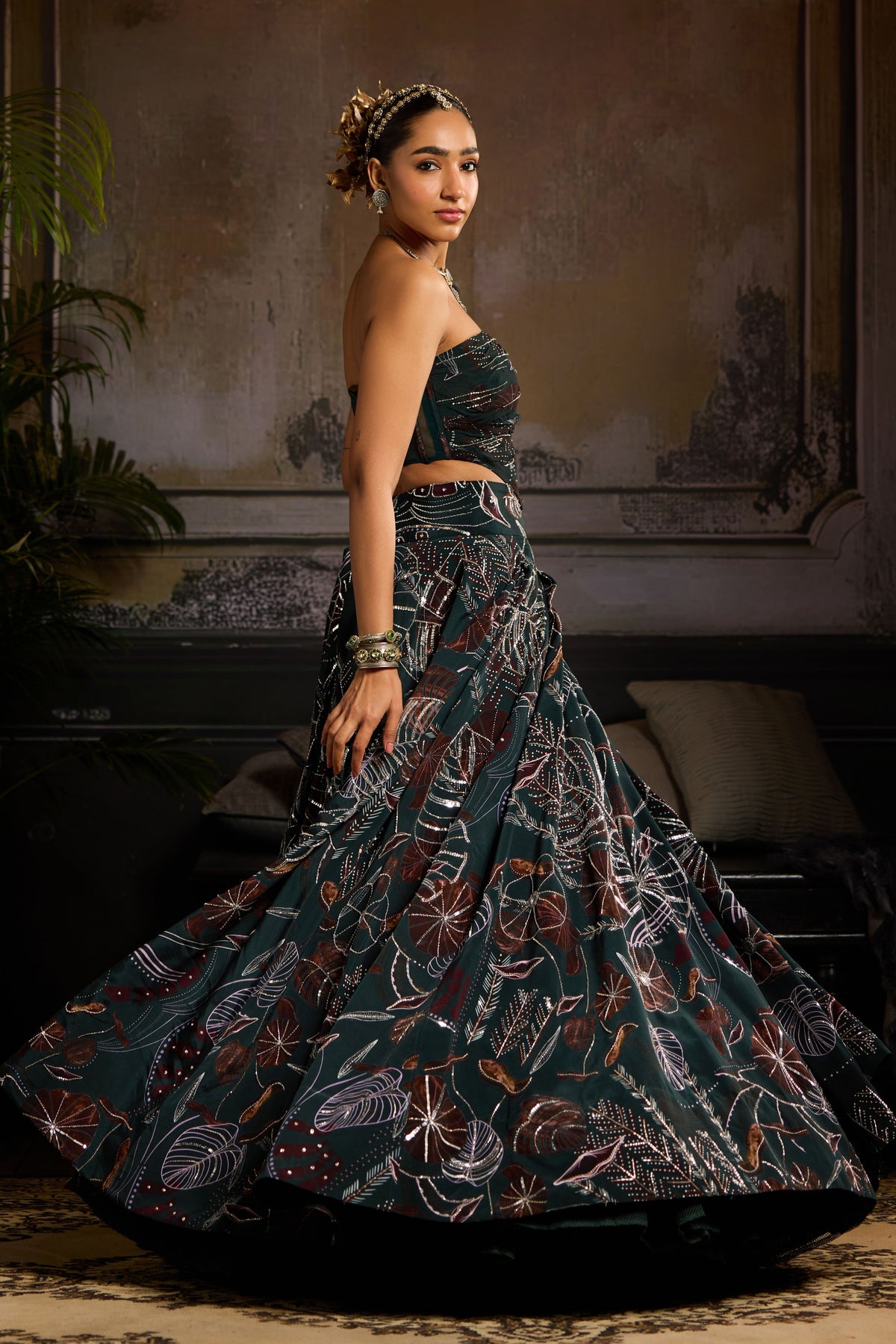Dark Green Print Lehenga Set
