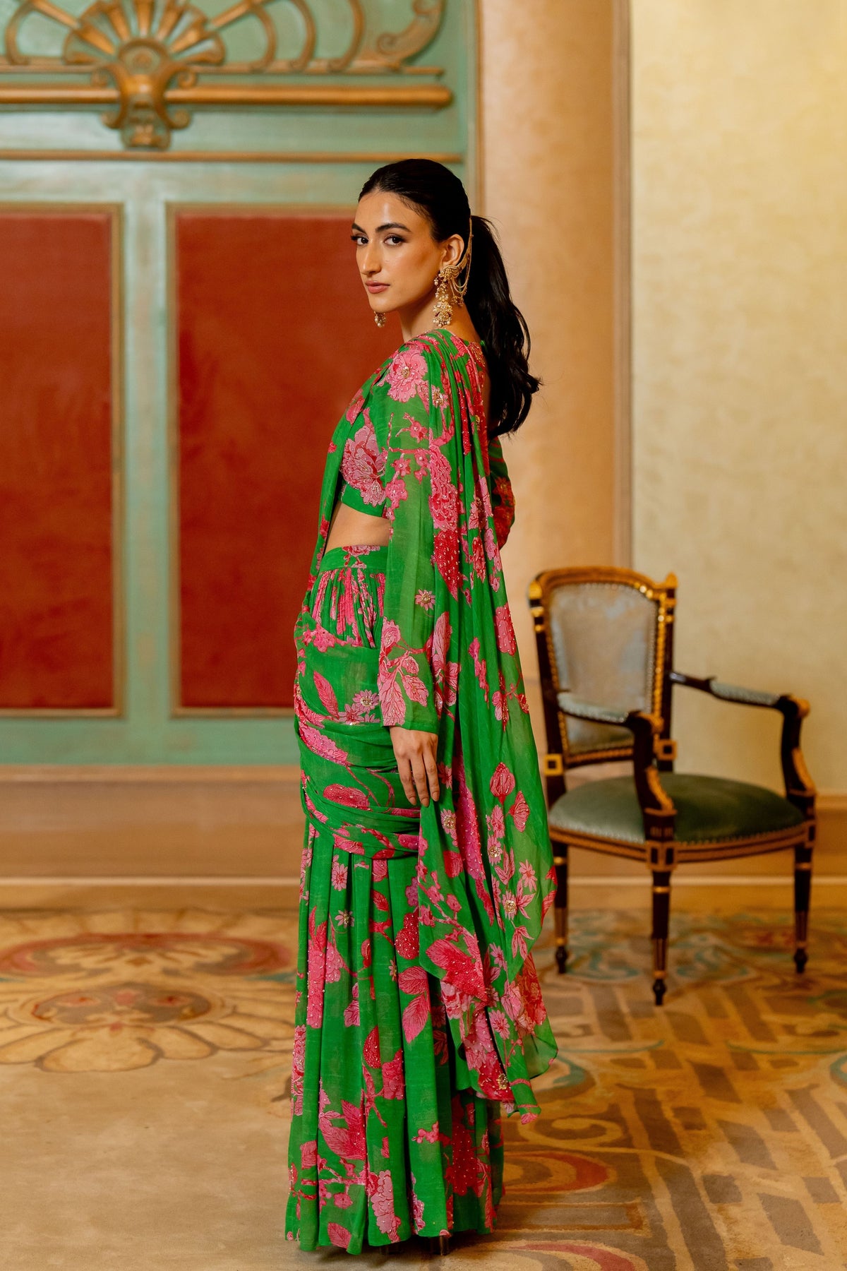 Green and Pink Floral Printed Pre Draped Saree Set